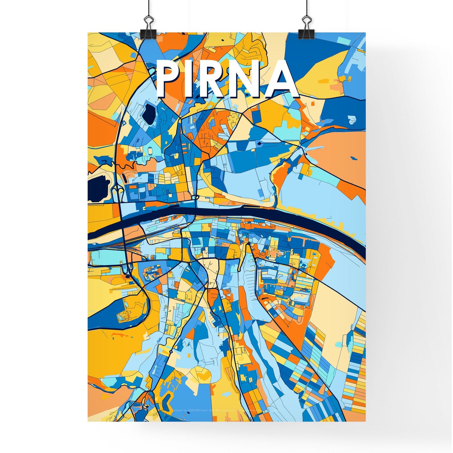 PIRNA GERMANY Vibrant Colorful Art Map Poster Blue Orange