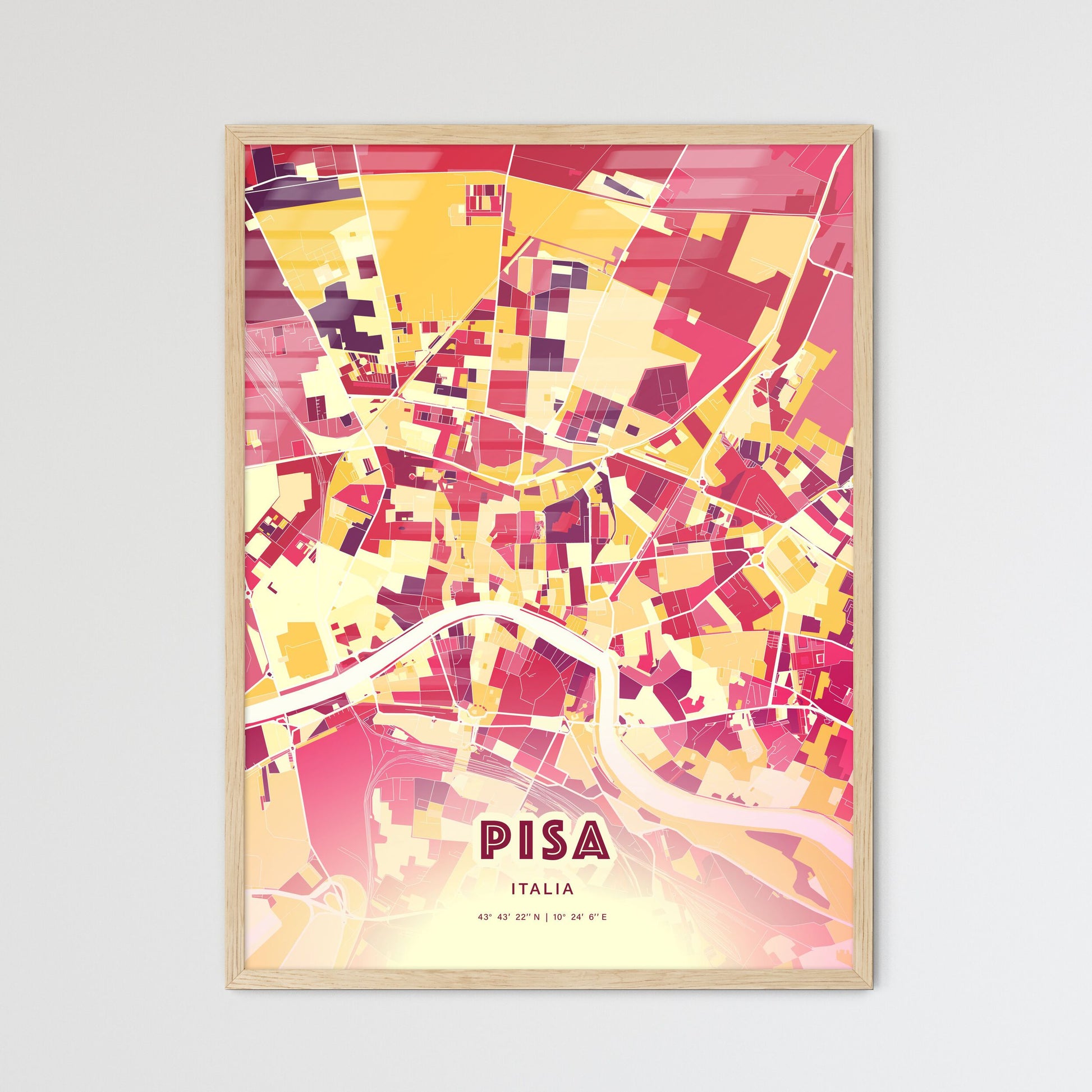 Colorful Pisa Italy Fine Art Map Hot Red