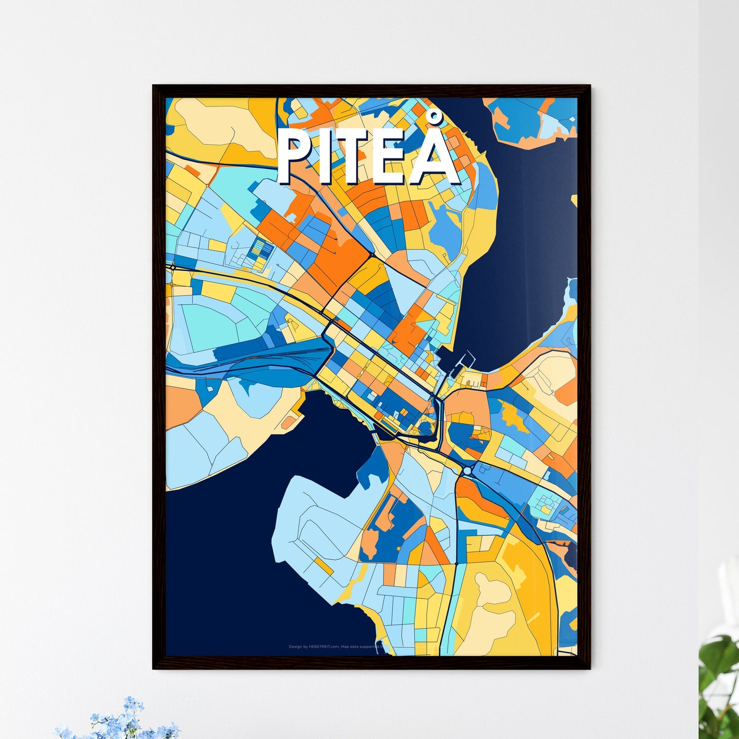 PITEÅ SWEDEN Vibrant Colorful Art Map Poster Blue Orange