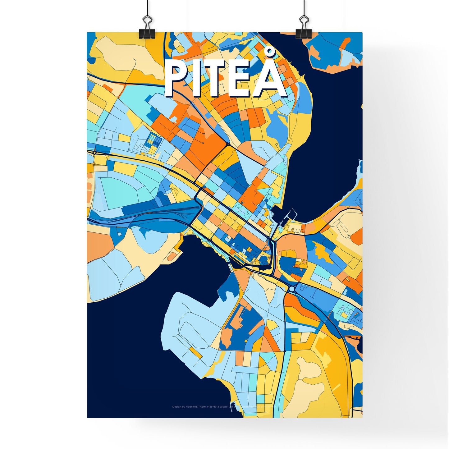 PITEÅ SWEDEN Vibrant Colorful Art Map Poster Blue Orange