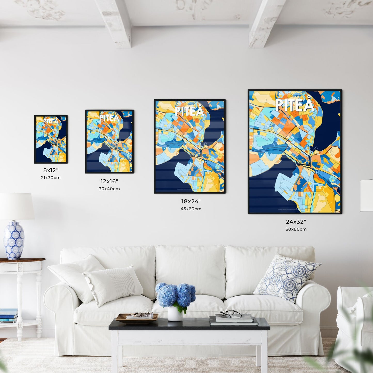 PITEÅ SWEDEN Vibrant Colorful Art Map Poster Blue Orange