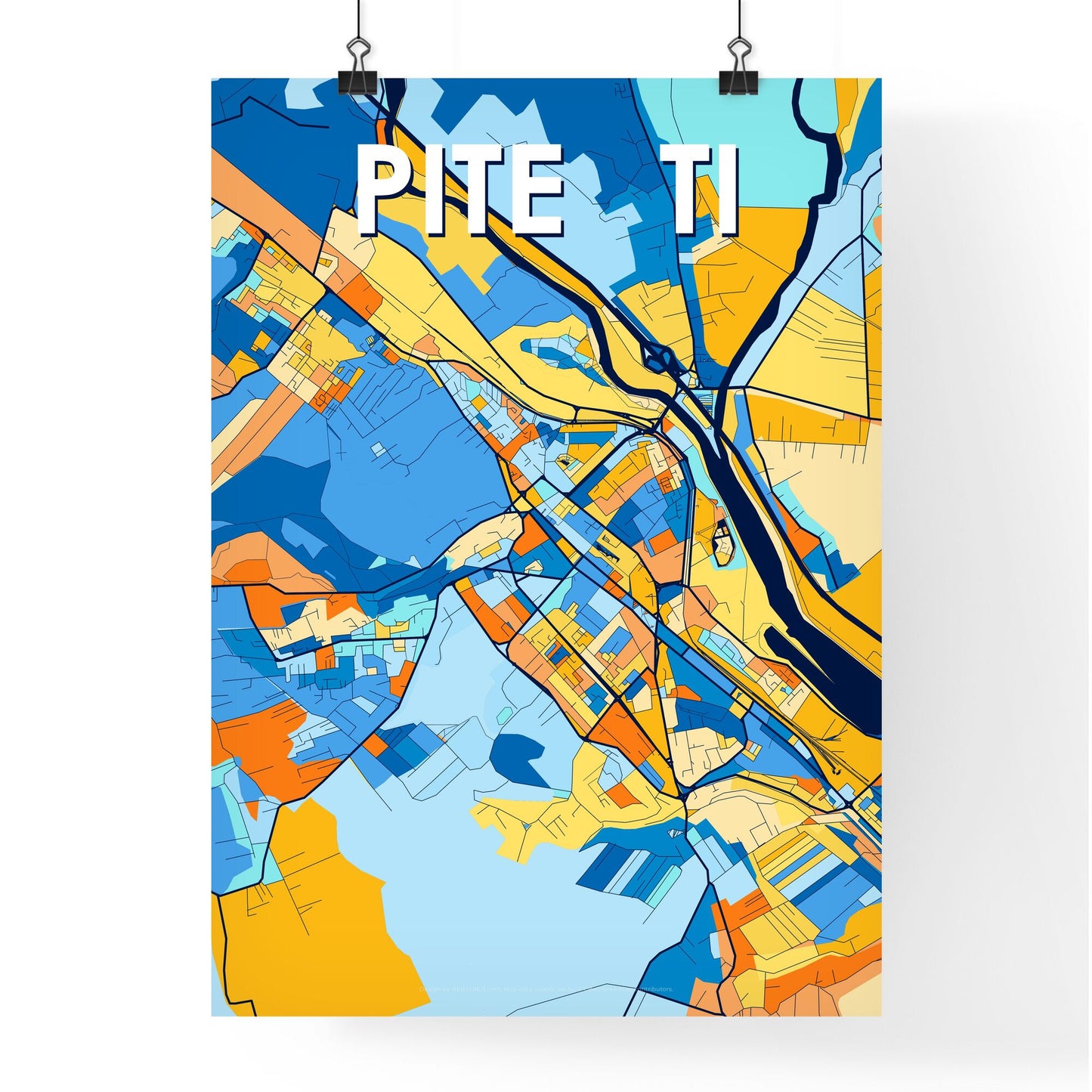 PITEȘTI ROMANIA Vibrant Colorful Art Map Poster Blue Orange