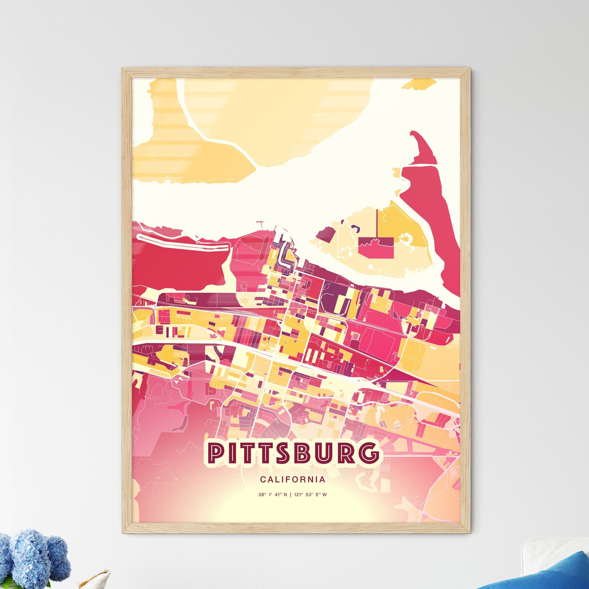Colorful Pittsburg California Fine Art Map Hot Red