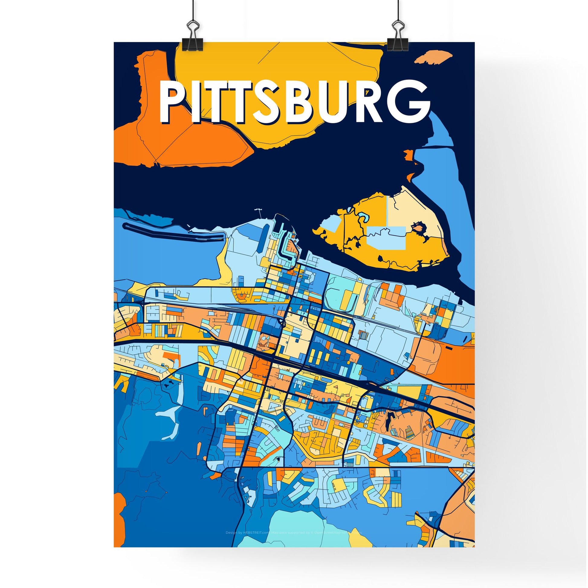 PITTSBURG CALIFORNIA Vibrant Colorful Art Map Poster Blue Orange