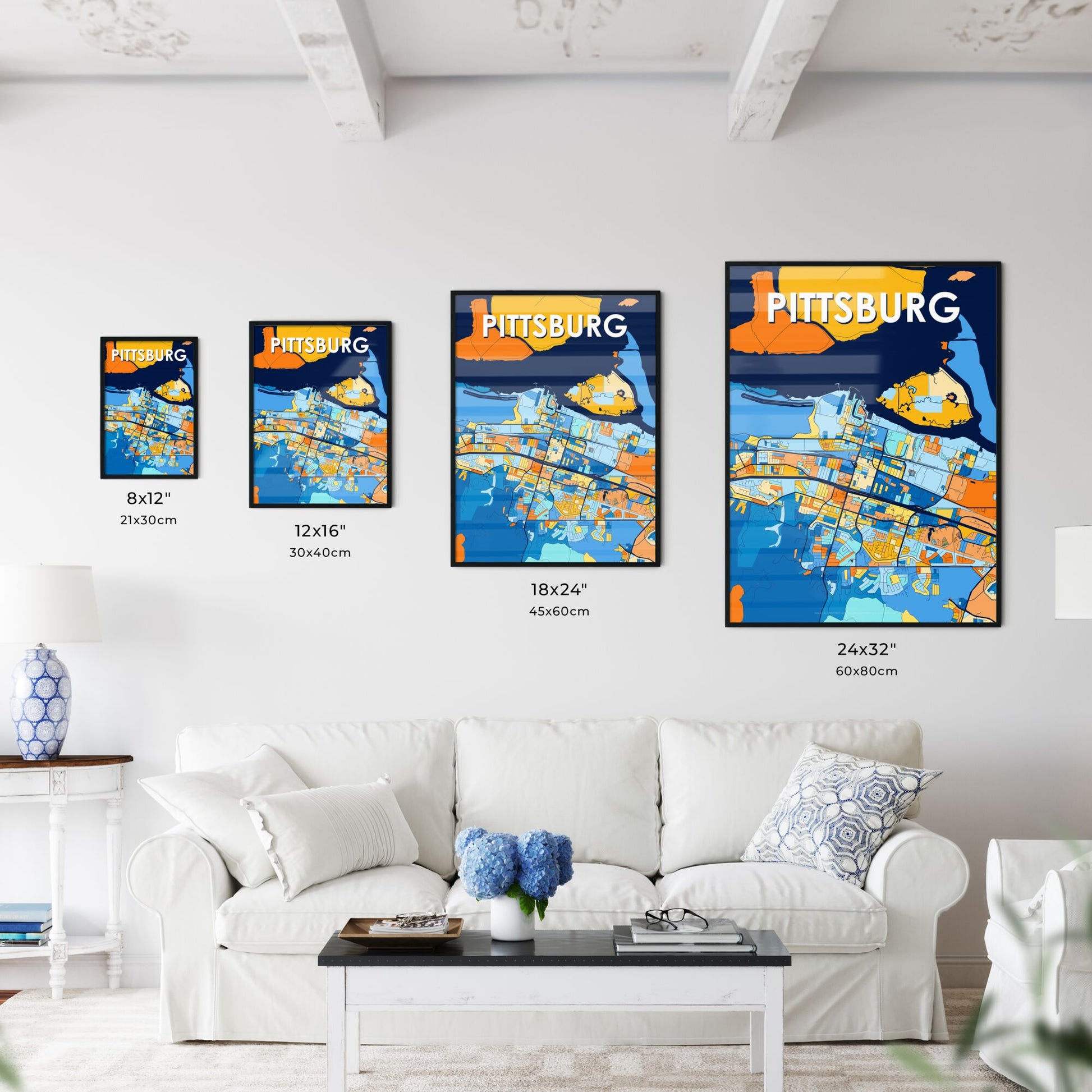 PITTSBURG CALIFORNIA Vibrant Colorful Art Map Poster Blue Orange