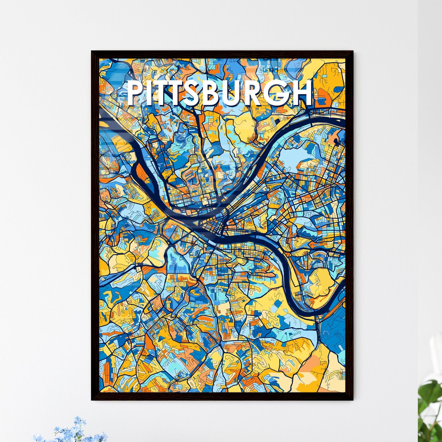 PITTSBURGH PENNSYLVANIA Vibrant Colorful Art Map Poster Blue Orange