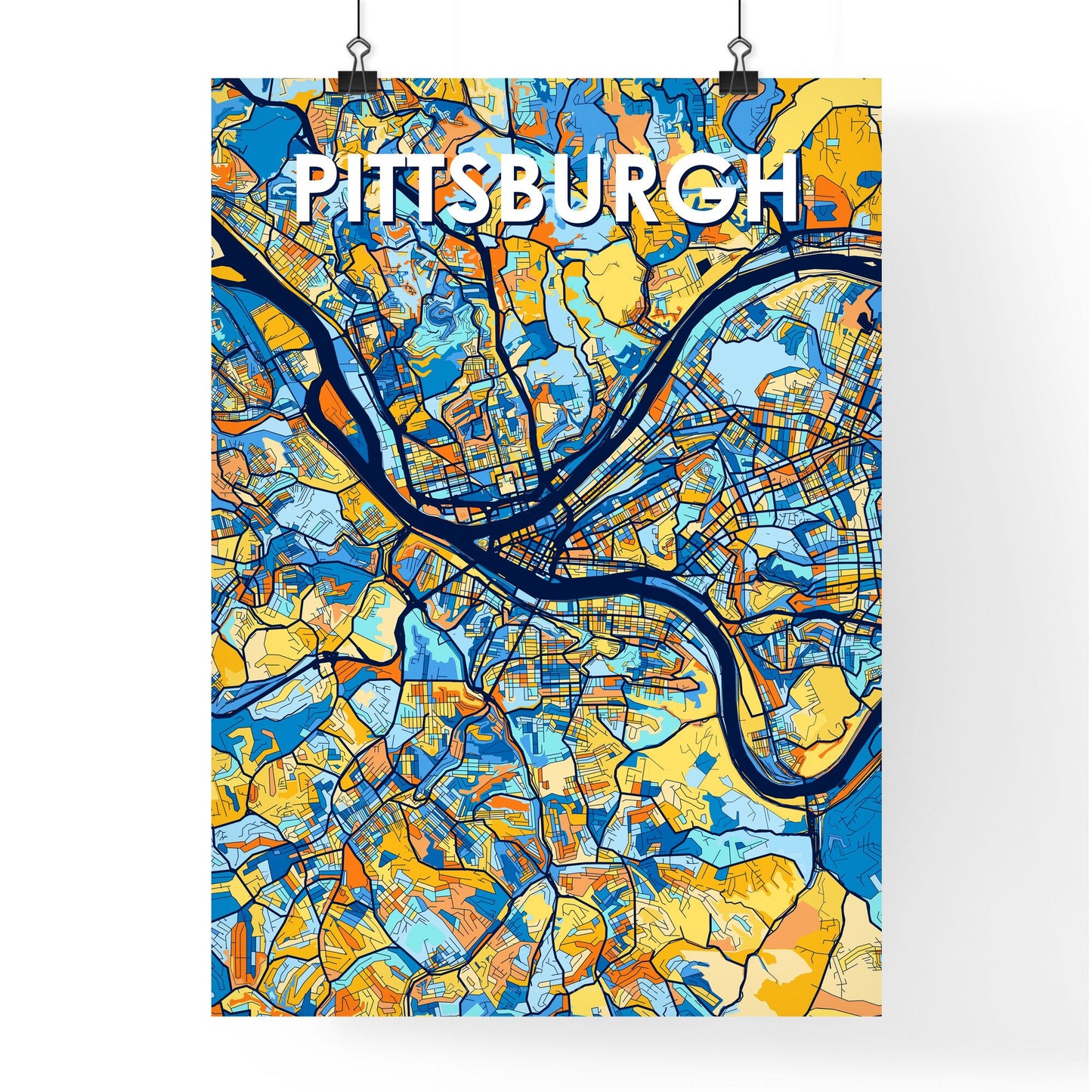 PITTSBURGH PENNSYLVANIA Vibrant Colorful Art Map Poster Blue Orange