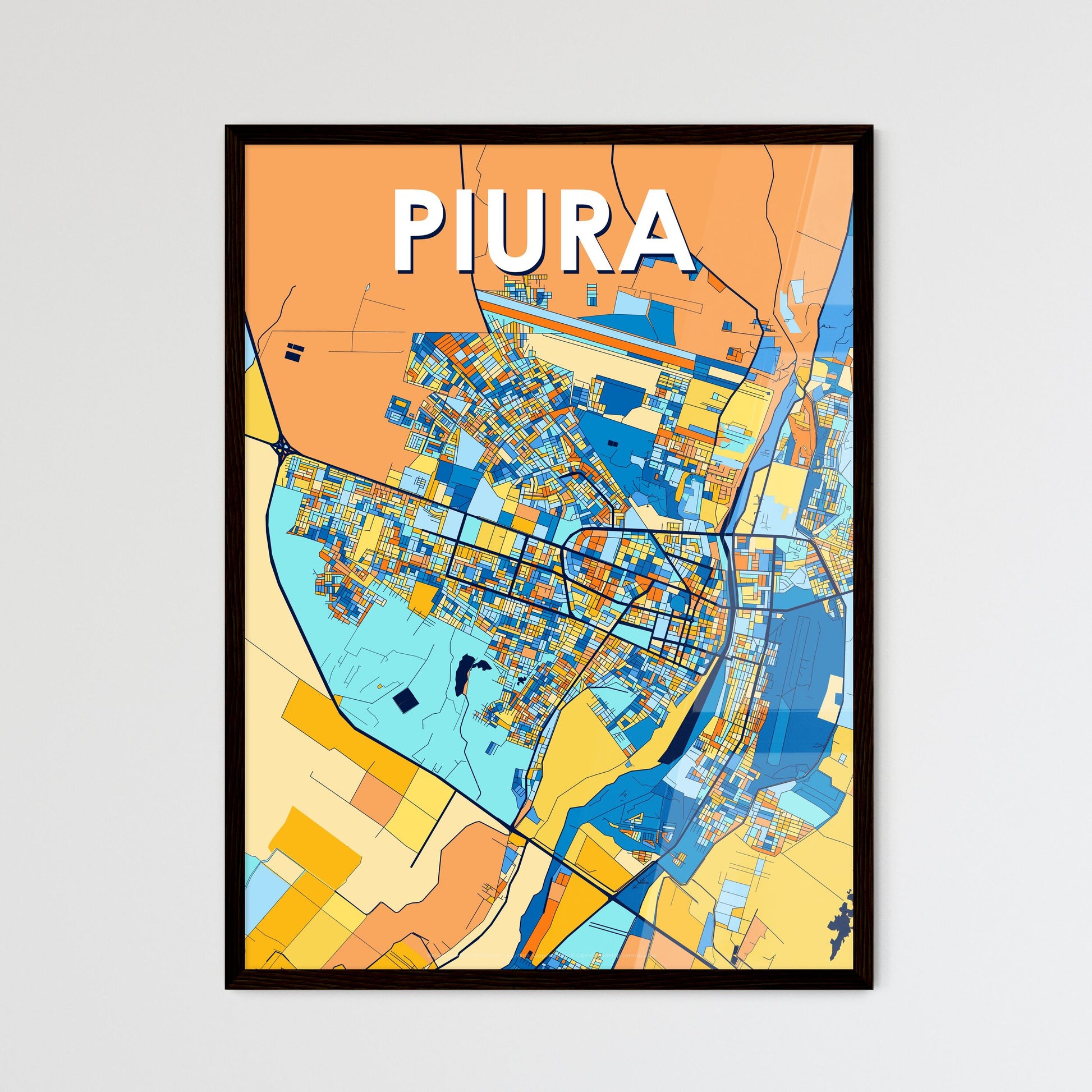 PIURA PERU Vibrant Colorful Art Map Poster Blue Orange