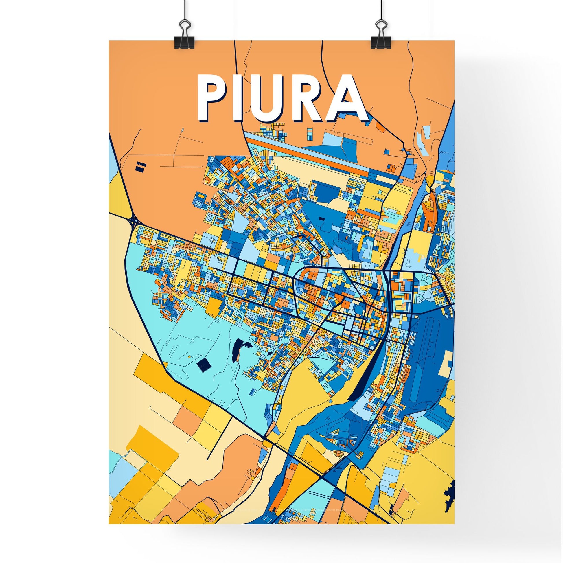 PIURA PERU Vibrant Colorful Art Map Poster Blue Orange