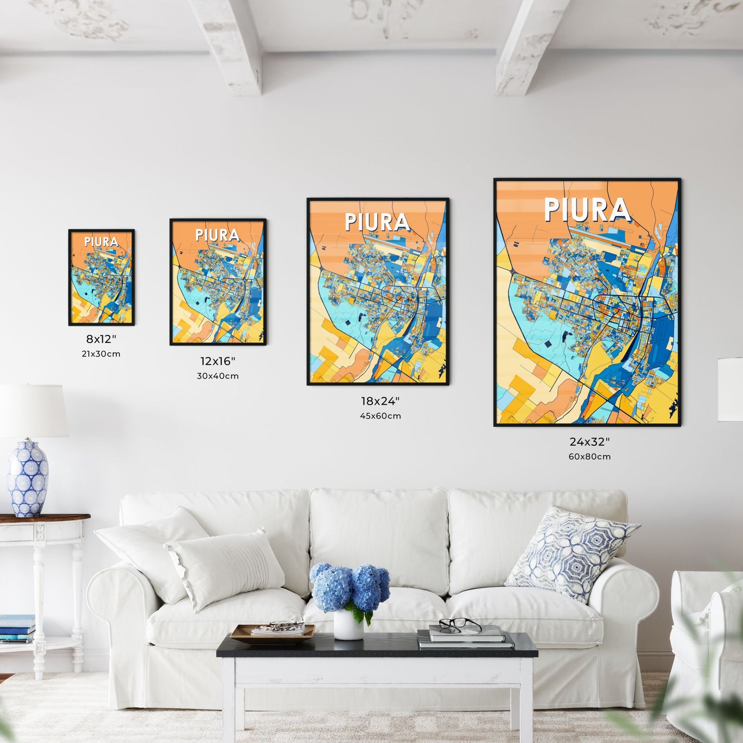 PIURA PERU Vibrant Colorful Art Map Poster Blue Orange