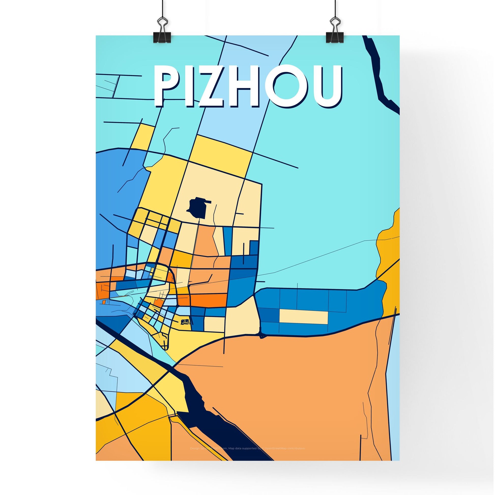 PIZHOU CHINA Vibrant Colorful Art Map Poster Blue Orange