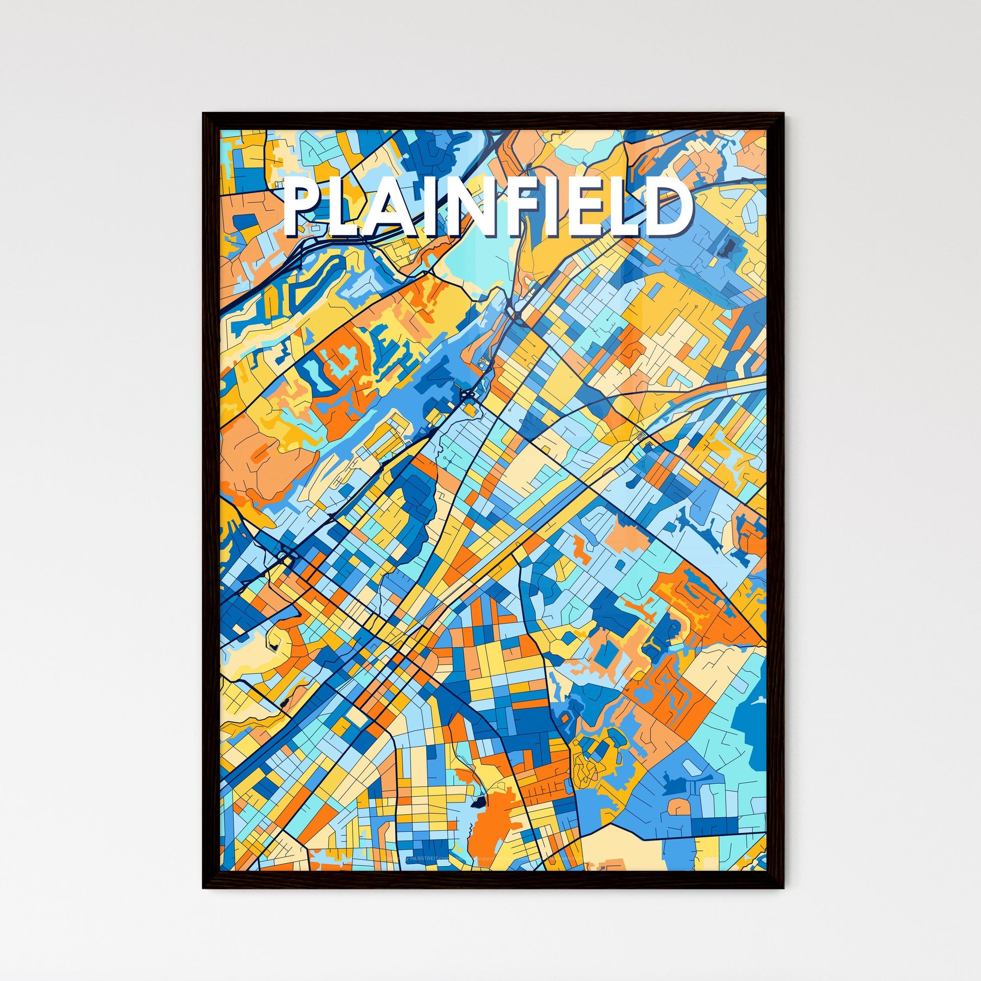 PLAINFIELD NEW JERSEY Vibrant Colorful Art Map Poster Blue Orange