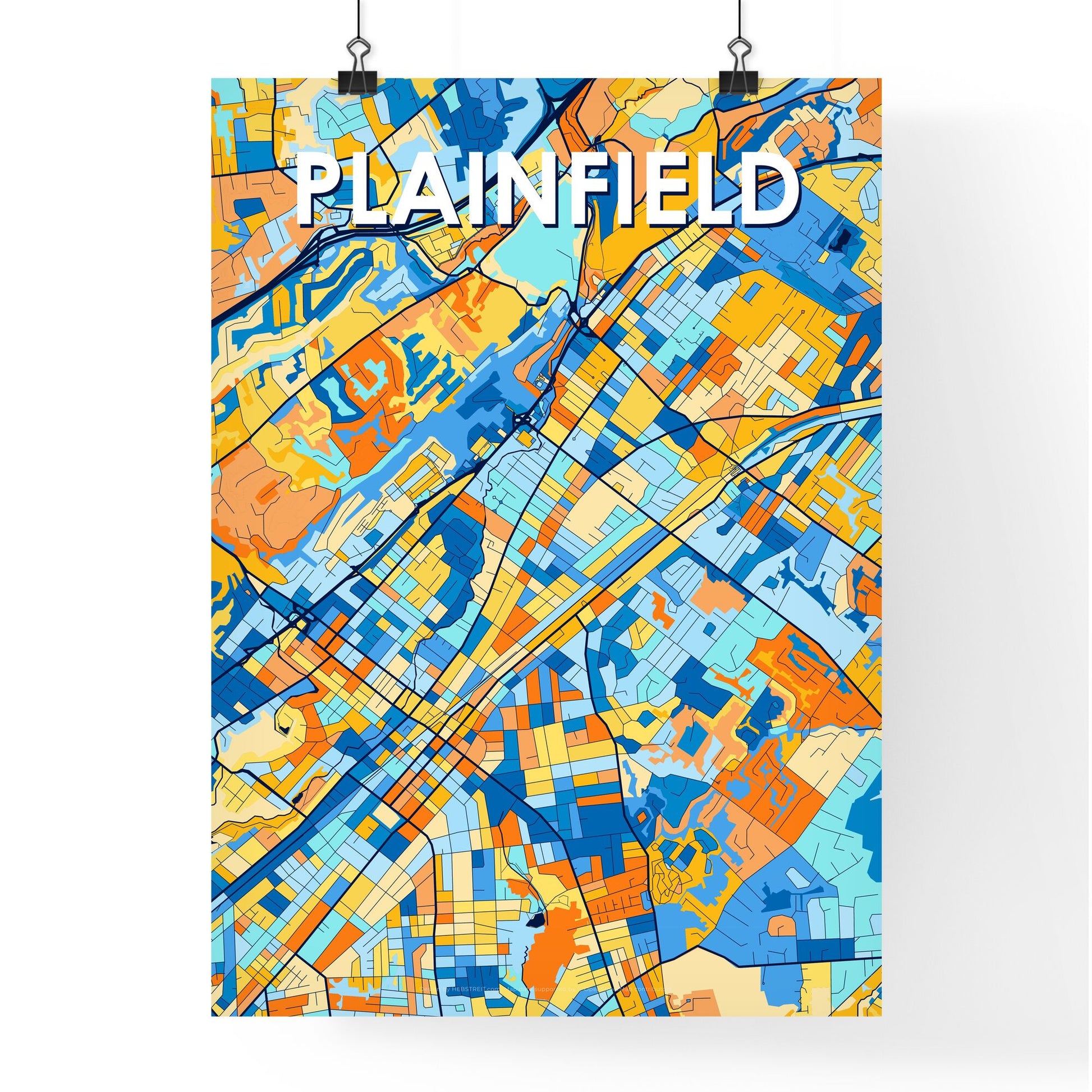 PLAINFIELD NEW JERSEY Vibrant Colorful Art Map Poster Blue Orange