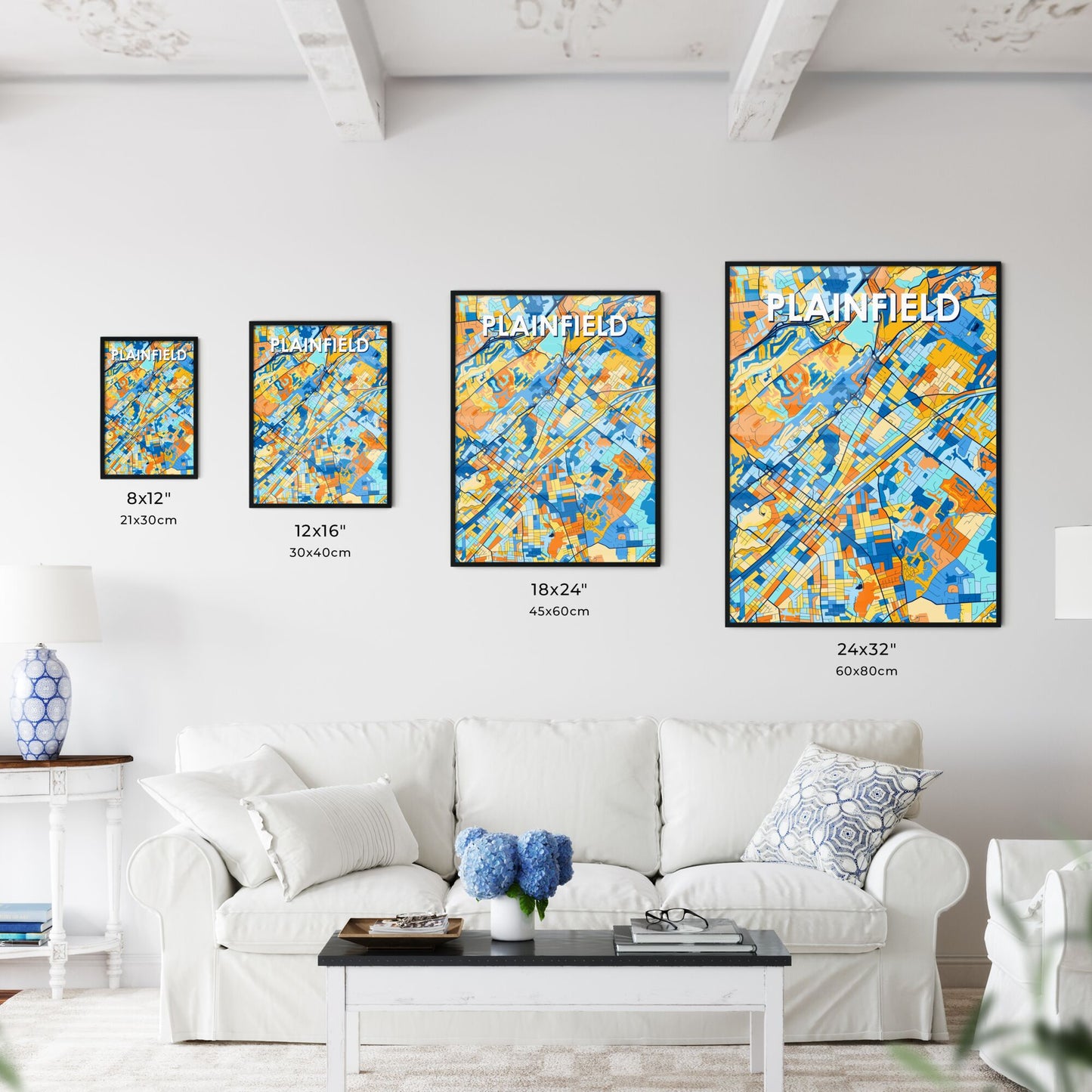 PLAINFIELD NEW JERSEY Vibrant Colorful Art Map Poster Blue Orange