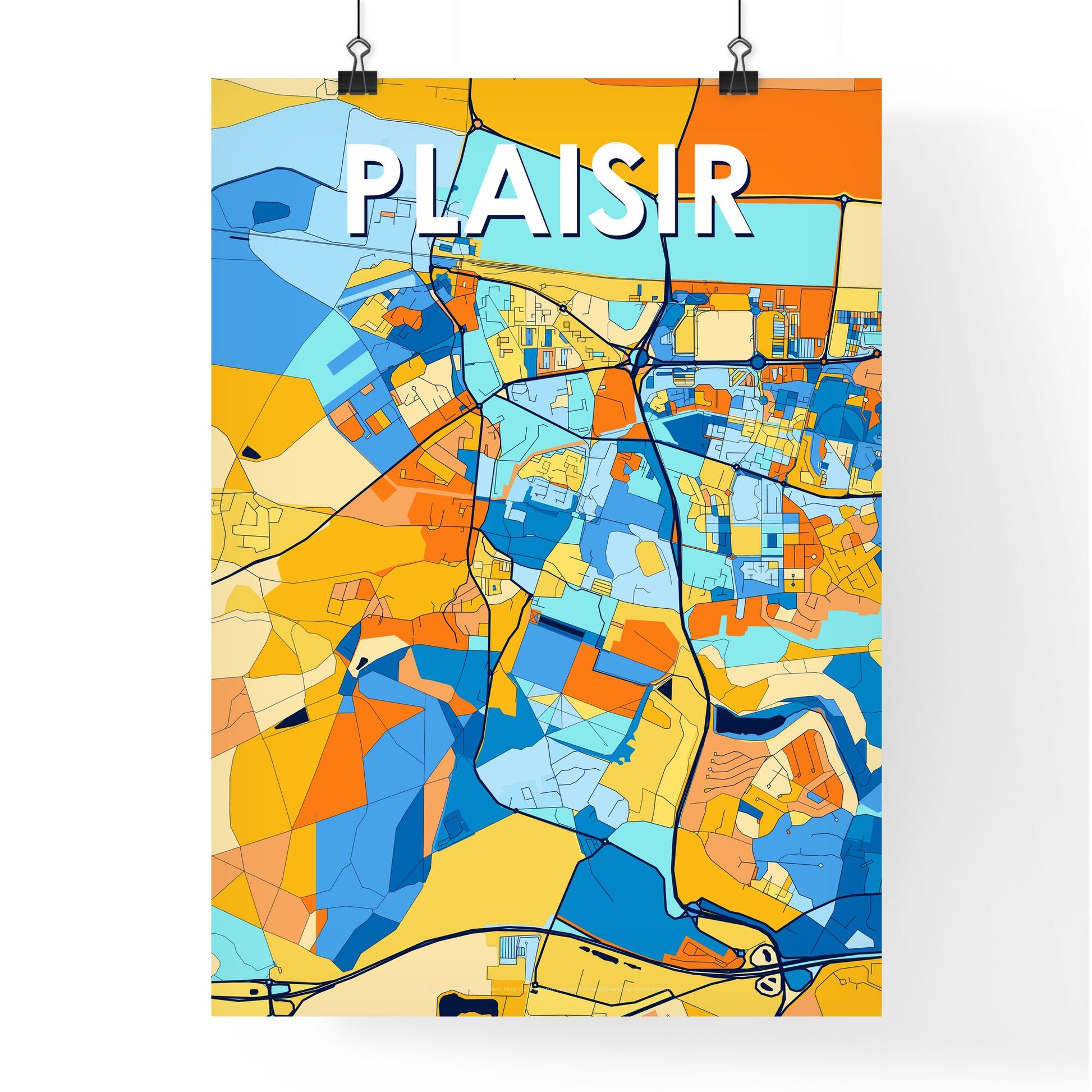 PLAISIR FRANCE Vibrant Colorful Art Map Poster Blue Orange