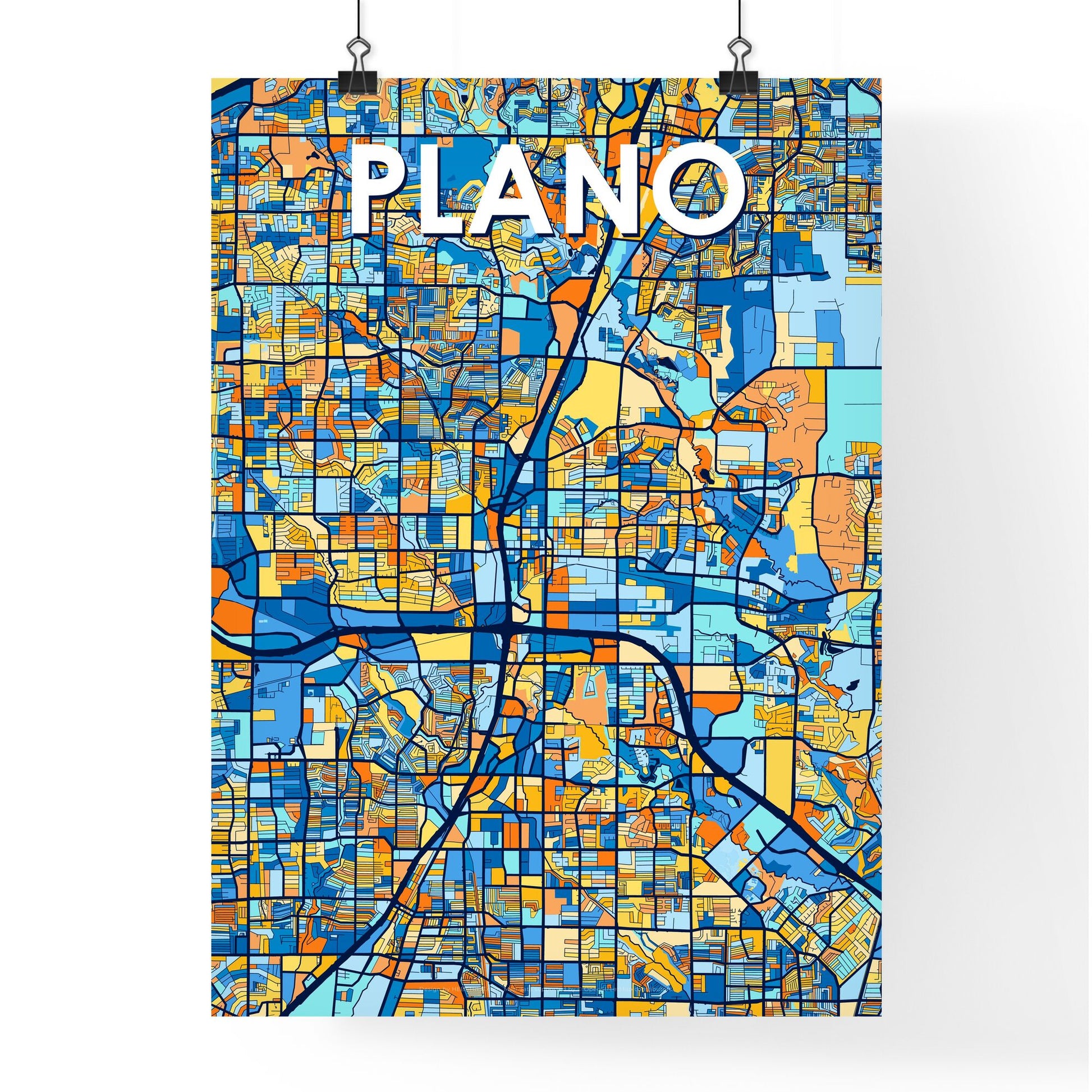 PLANO TEXAS Vibrant Colorful Art Map Poster Blue Orange