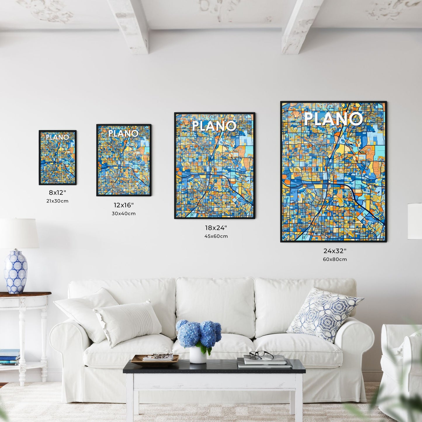 PLANO TEXAS Vibrant Colorful Art Map Poster Blue Orange