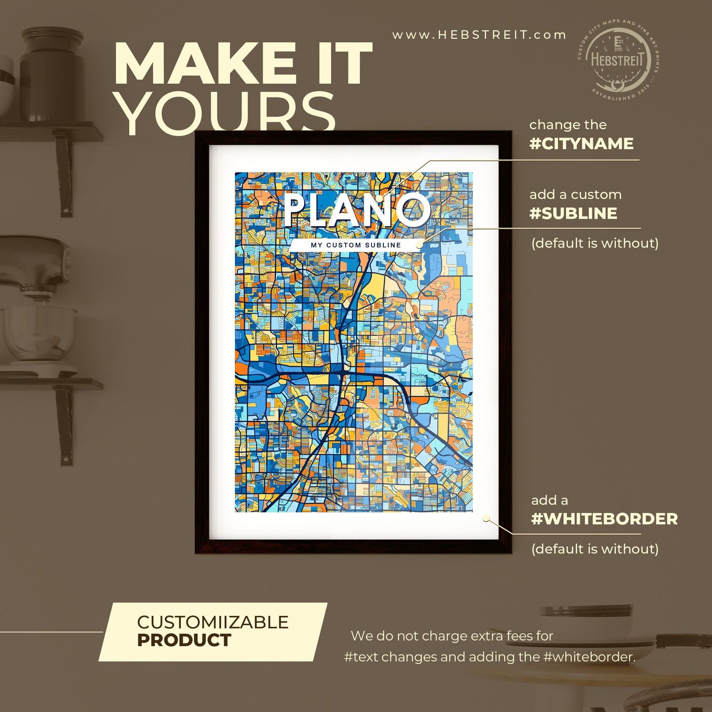 PLANO TEXAS Vibrant Colorful Art Map Poster Blue Orange