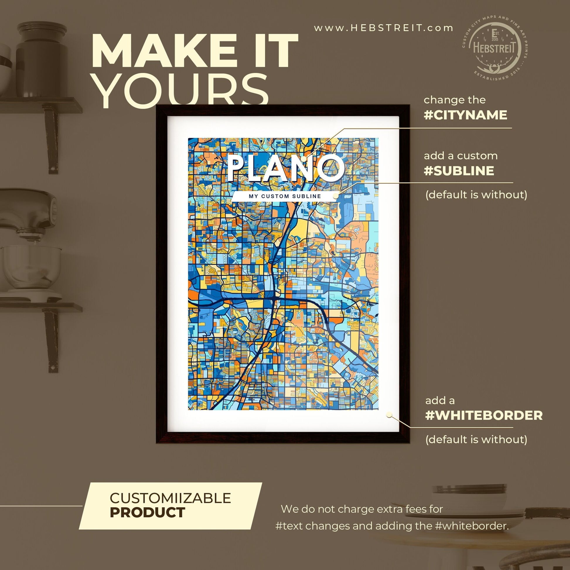 PLANO TEXAS Vibrant Colorful Art Map Poster Blue Orange