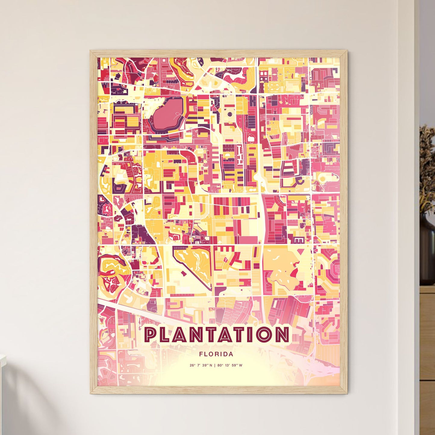 Colorful Plantation Florida Fine Art Map Hot Red