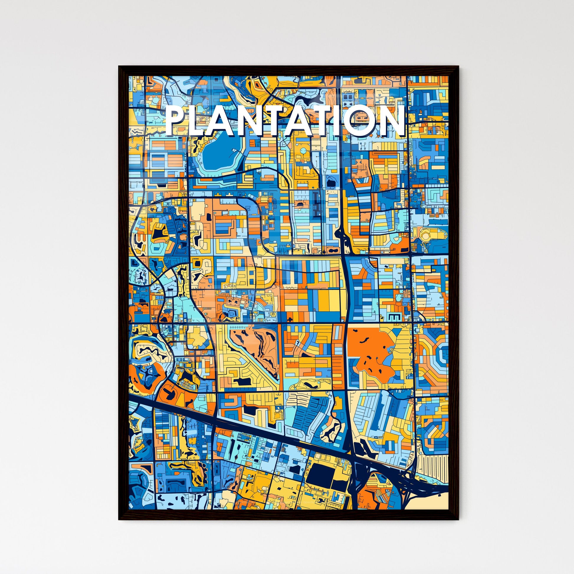 PLANTATION FLORIDA Vibrant Colorful Art Map Poster Blue Orange