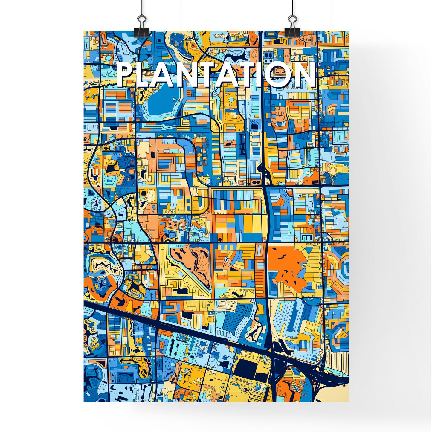 PLANTATION FLORIDA Vibrant Colorful Art Map Poster Blue Orange