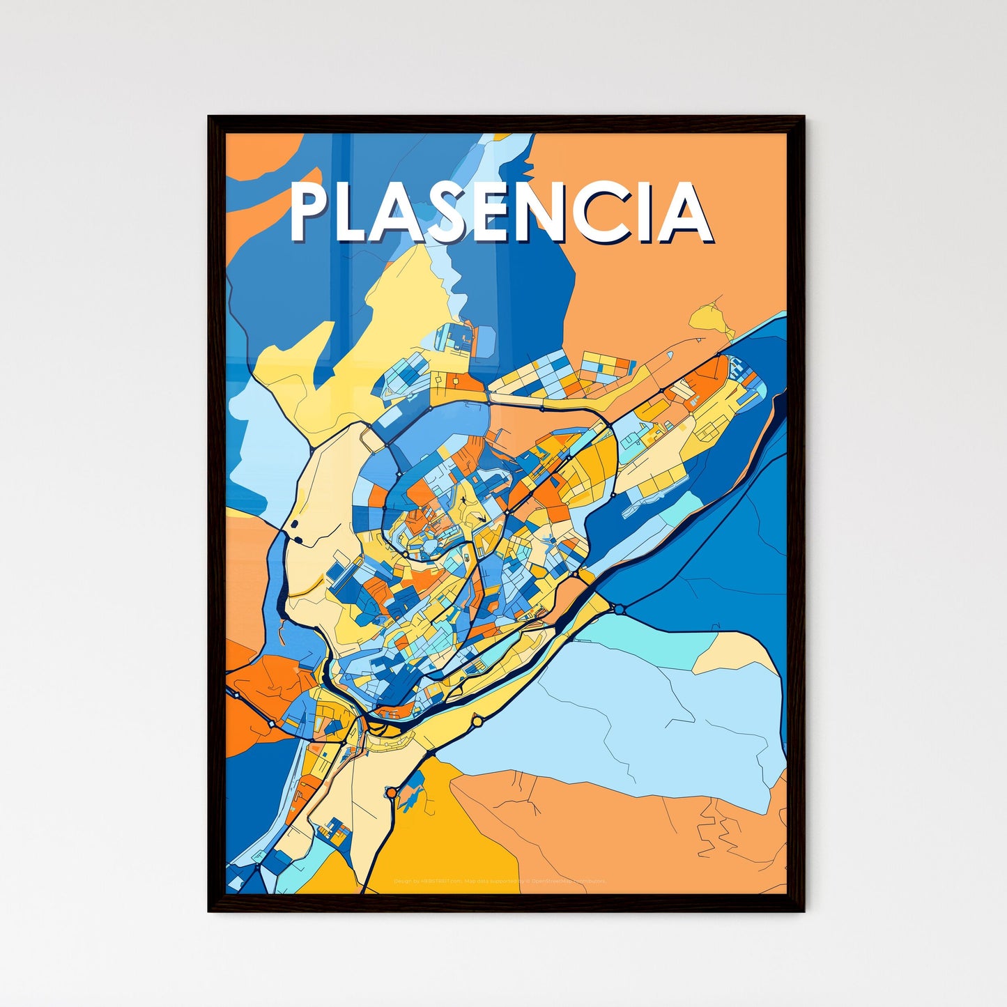 PLASENCIA SPAIN Vibrant Colorful Art Map Poster Blue Orange