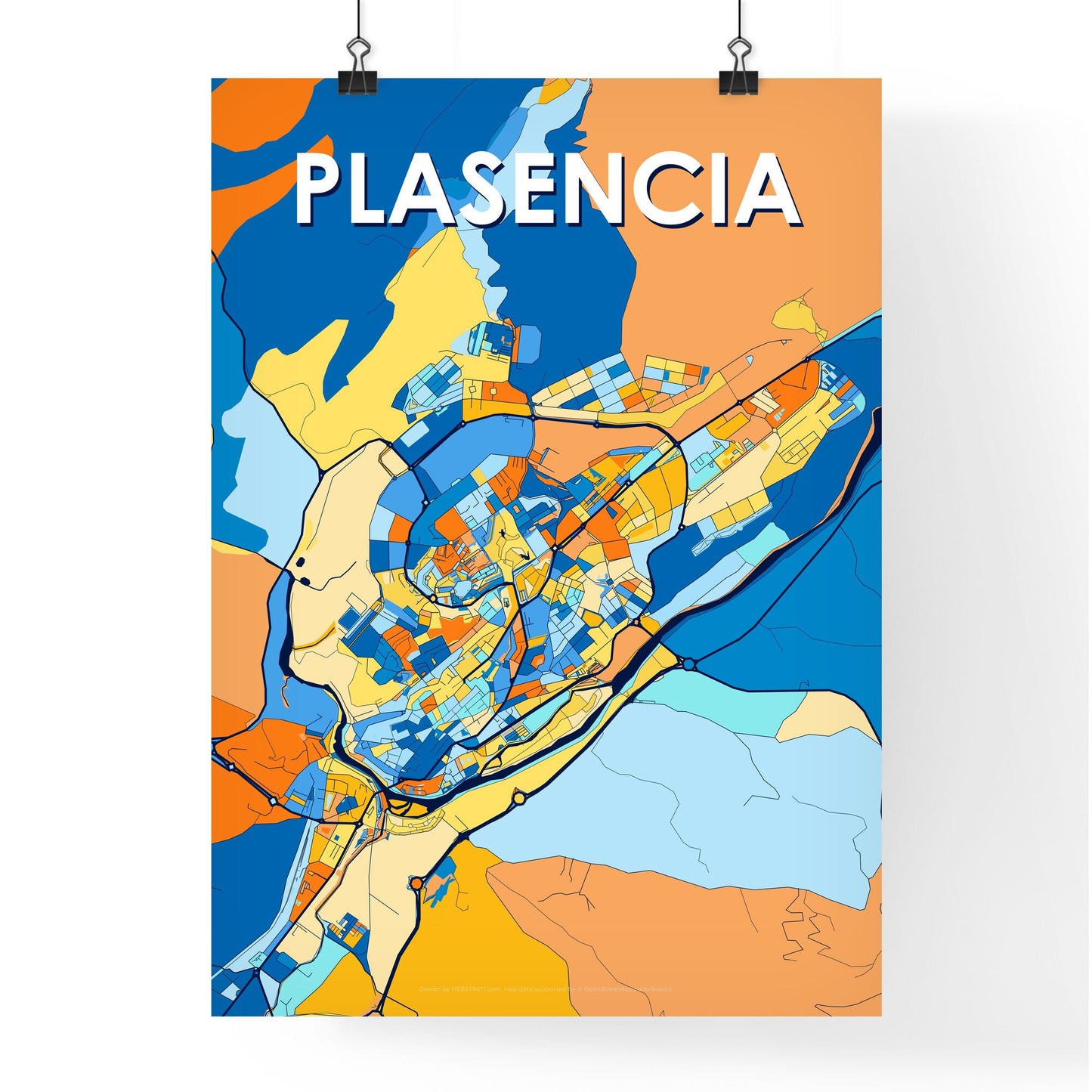 PLASENCIA SPAIN Vibrant Colorful Art Map Poster Blue Orange