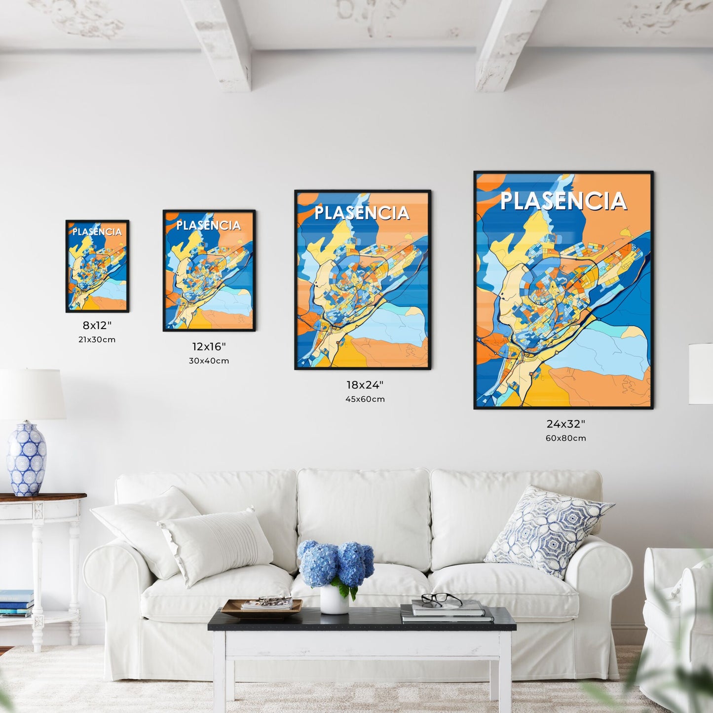 PLASENCIA SPAIN Vibrant Colorful Art Map Poster Blue Orange