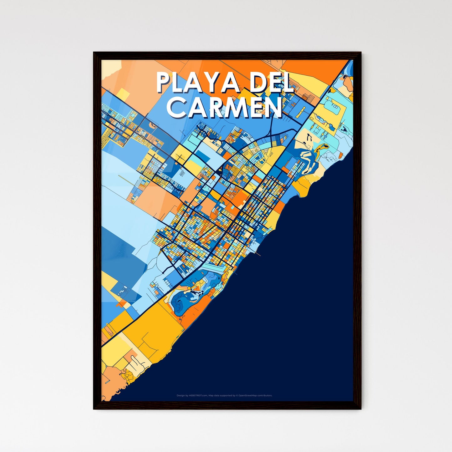 PLAYA DEL CARMEN MEXICO Vibrant Colorful Art Map Poster Blue Orange