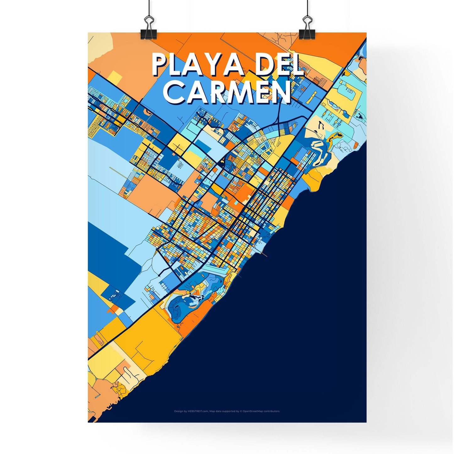 PLAYA DEL CARMEN MEXICO Vibrant Colorful Art Map Poster Blue Orange