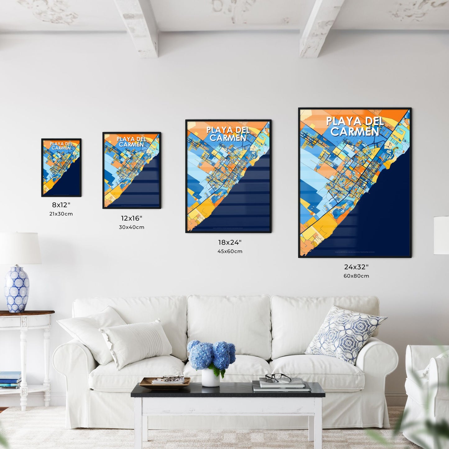 PLAYA DEL CARMEN MEXICO Vibrant Colorful Art Map Poster Blue Orange