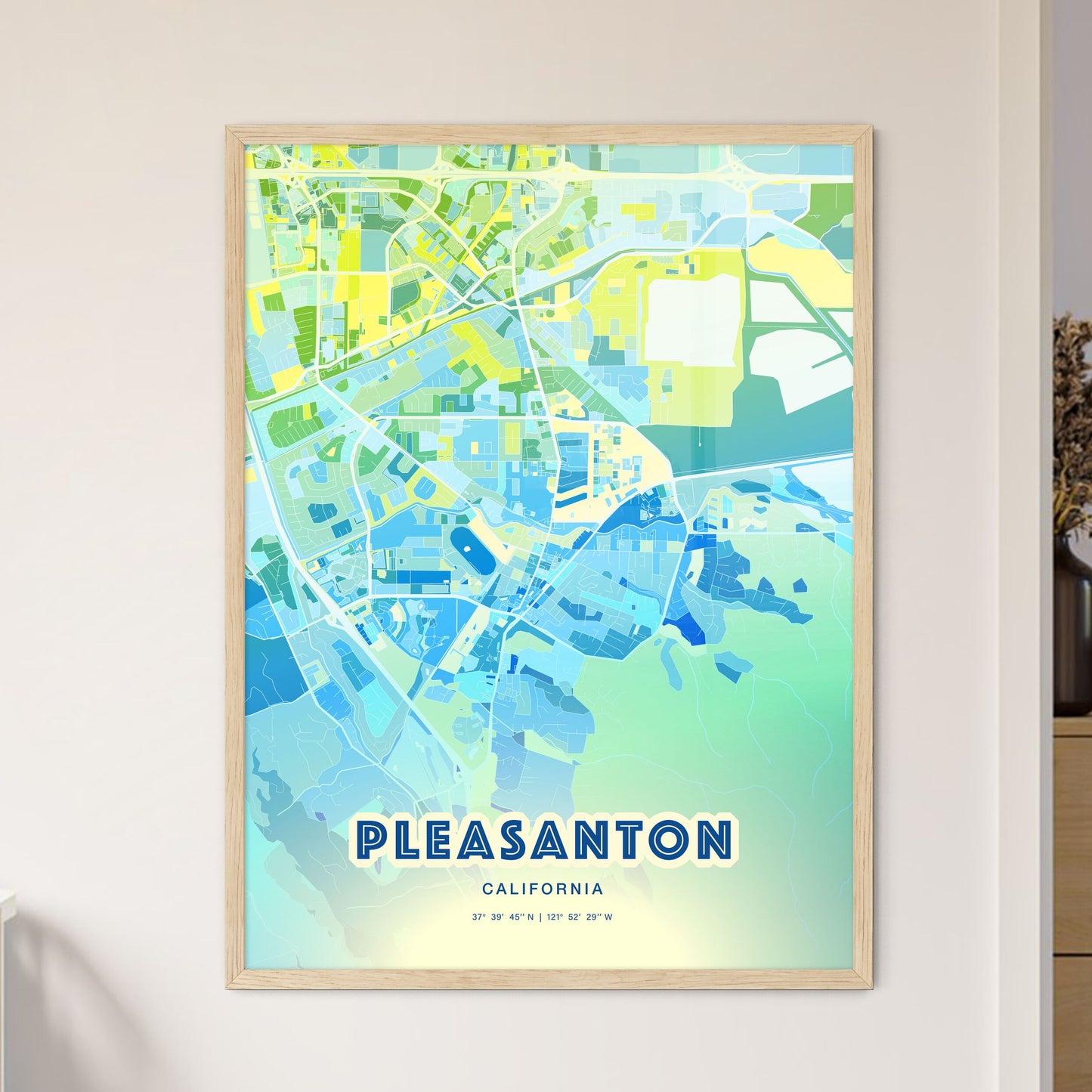Colorful Pleasanton California Fine Art Map Cool Blue