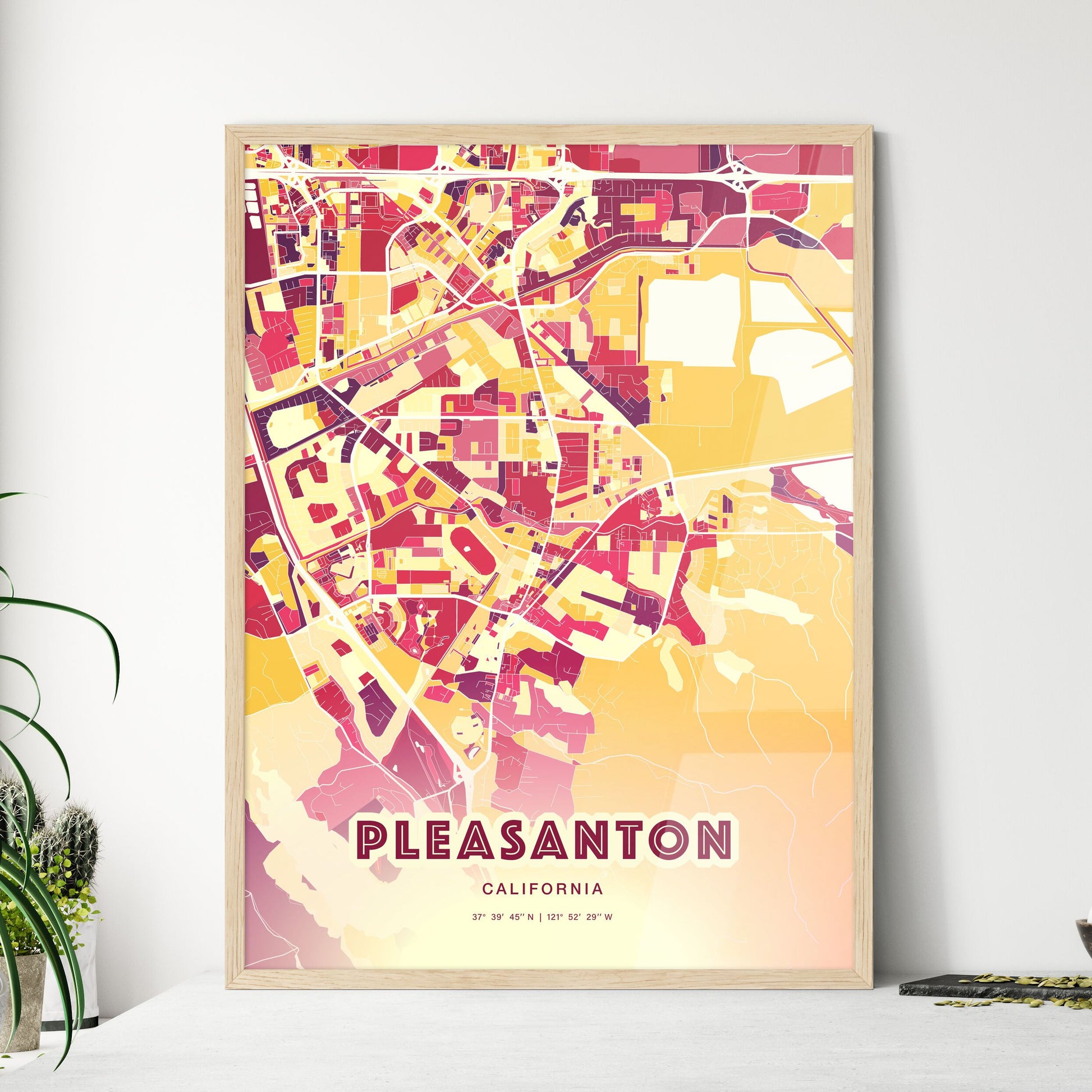 Colorful Pleasanton California Fine Art Map Hot Red