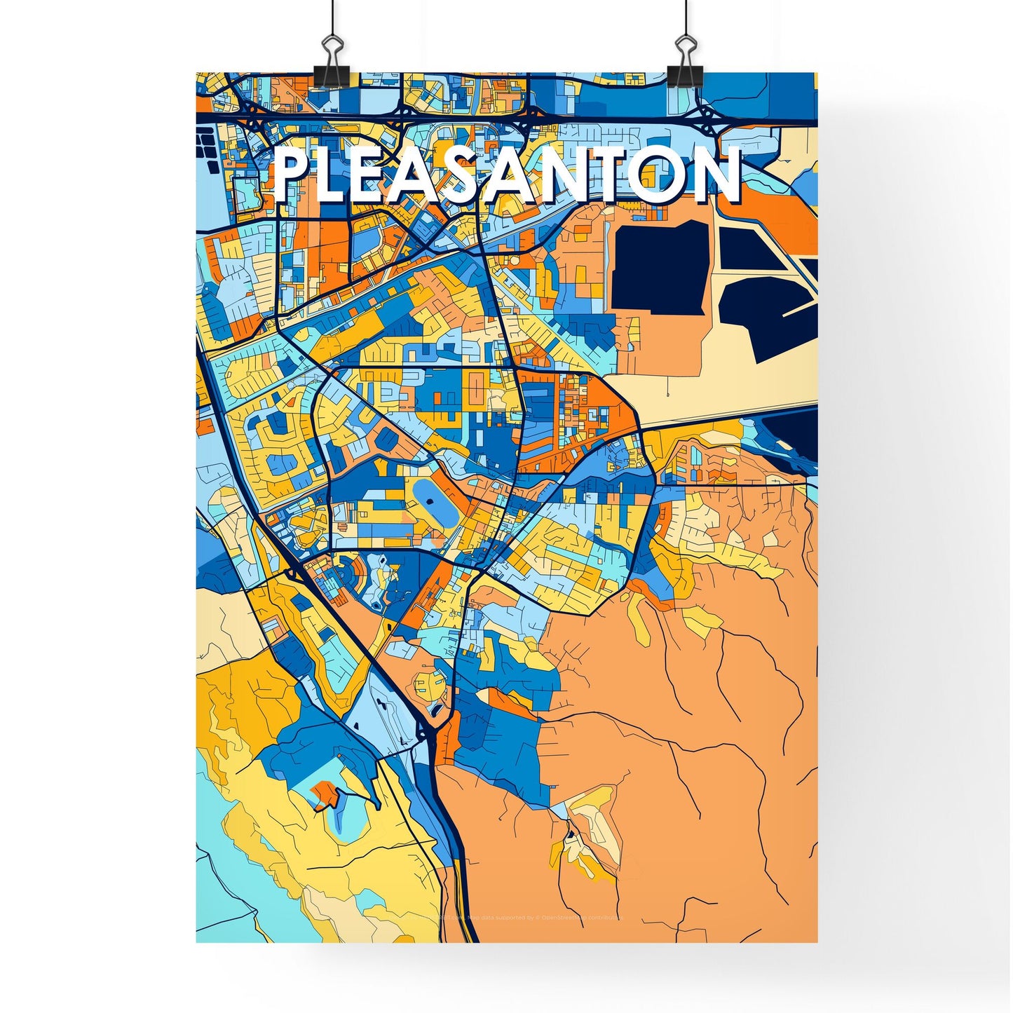 PLEASANTON CALIFORNIA Vibrant Colorful Art Map Poster Blue Orange