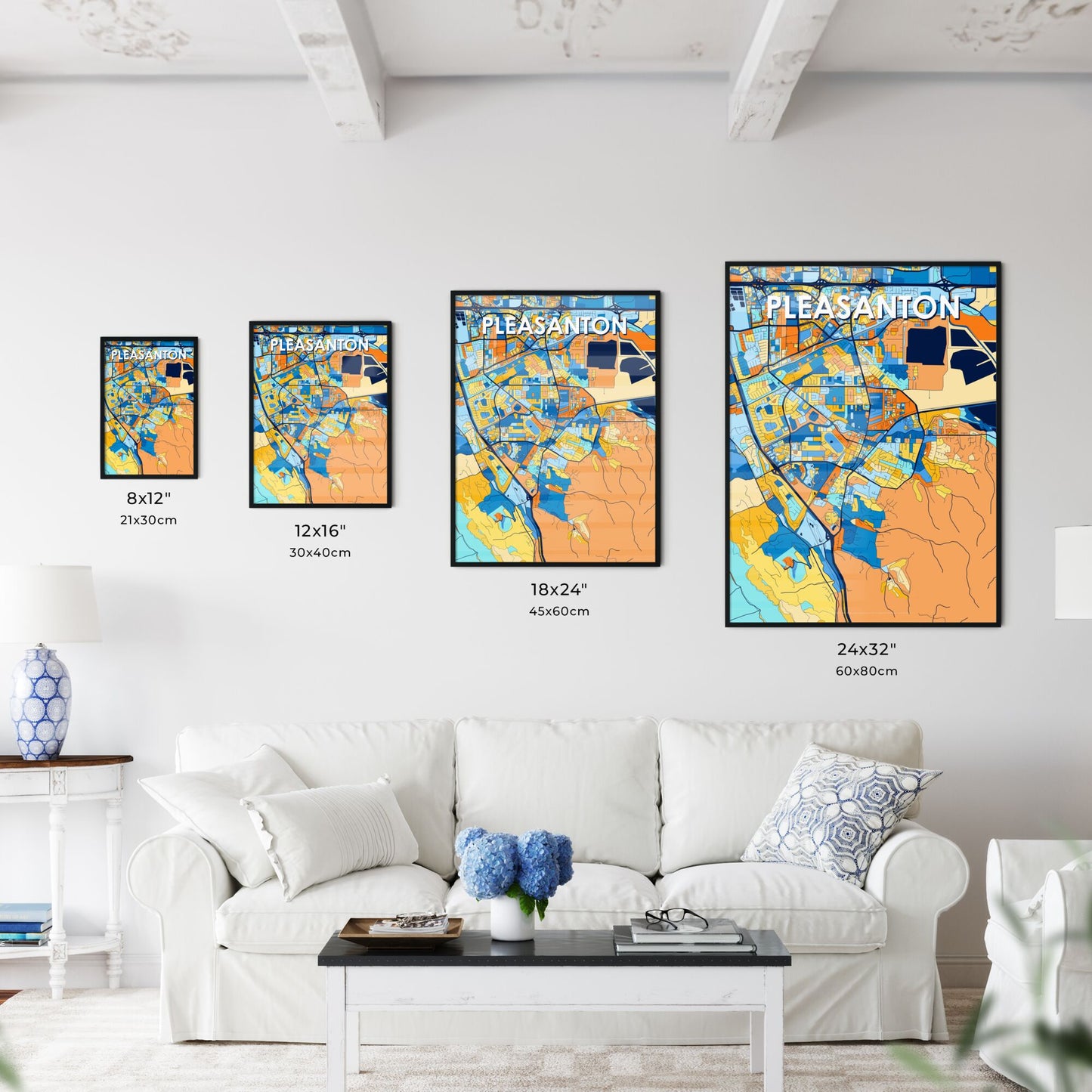 PLEASANTON CALIFORNIA Vibrant Colorful Art Map Poster Blue Orange