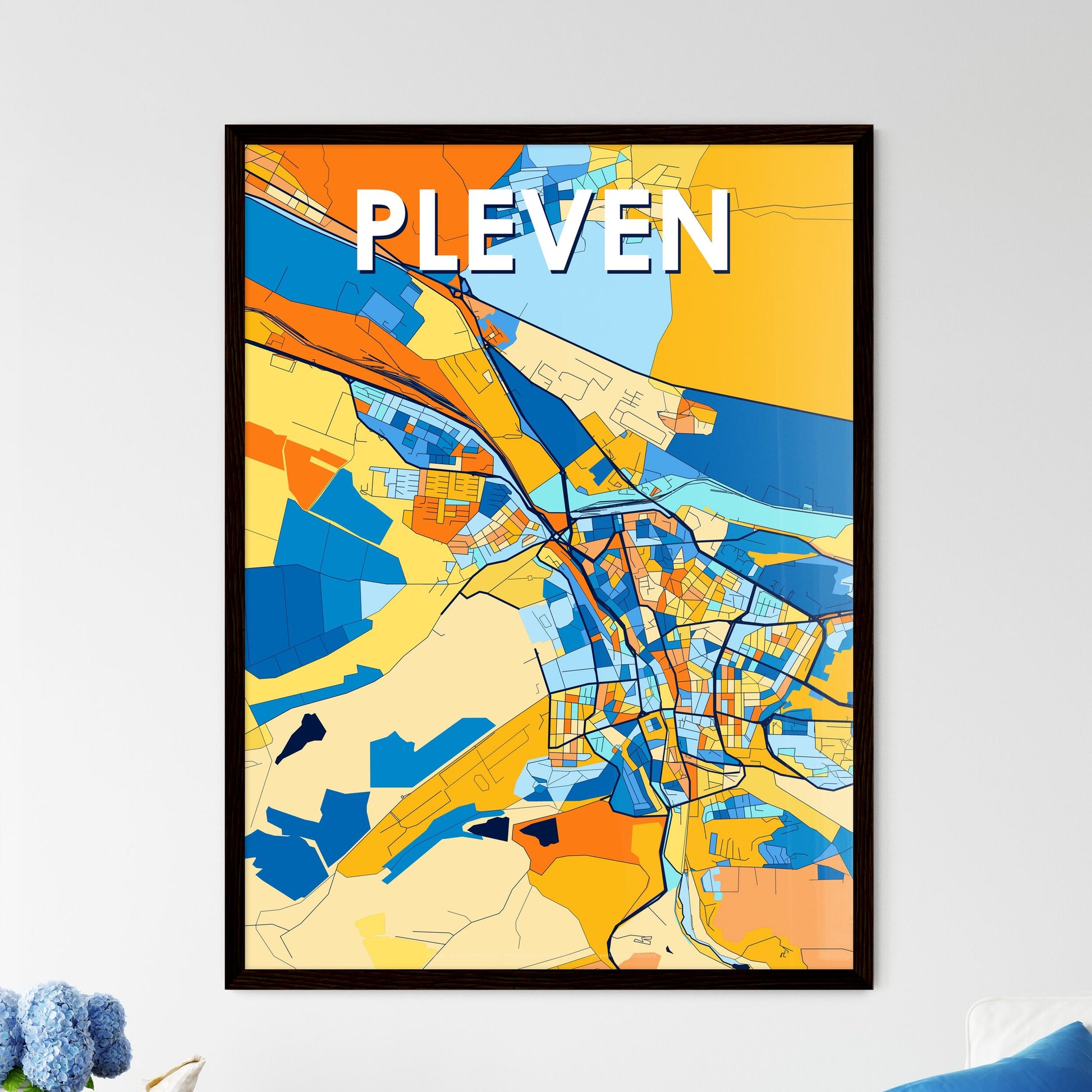 PLEVEN BULGARIA Vibrant Colorful Art Map Poster Blue Orange