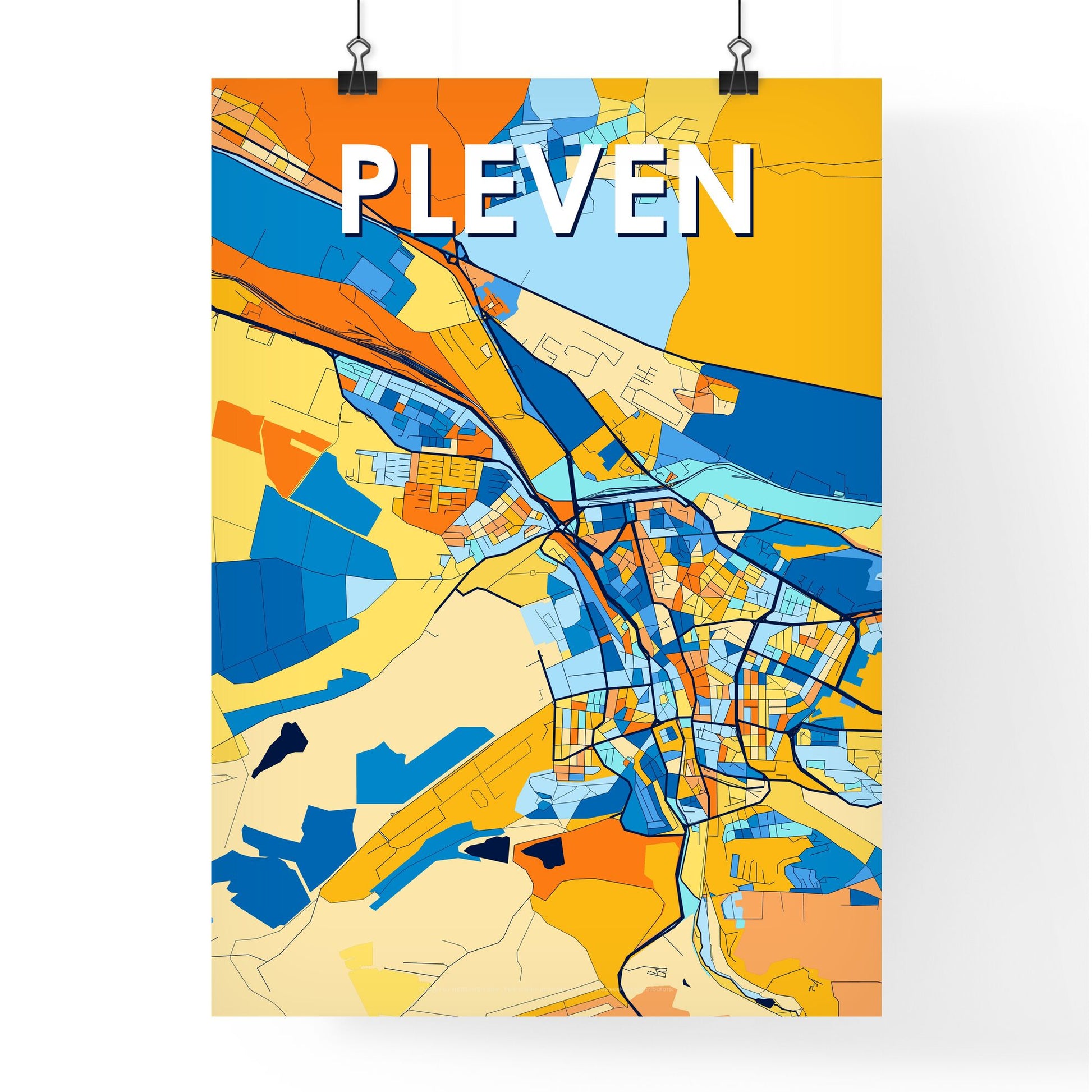 PLEVEN BULGARIA Vibrant Colorful Art Map Poster Blue Orange