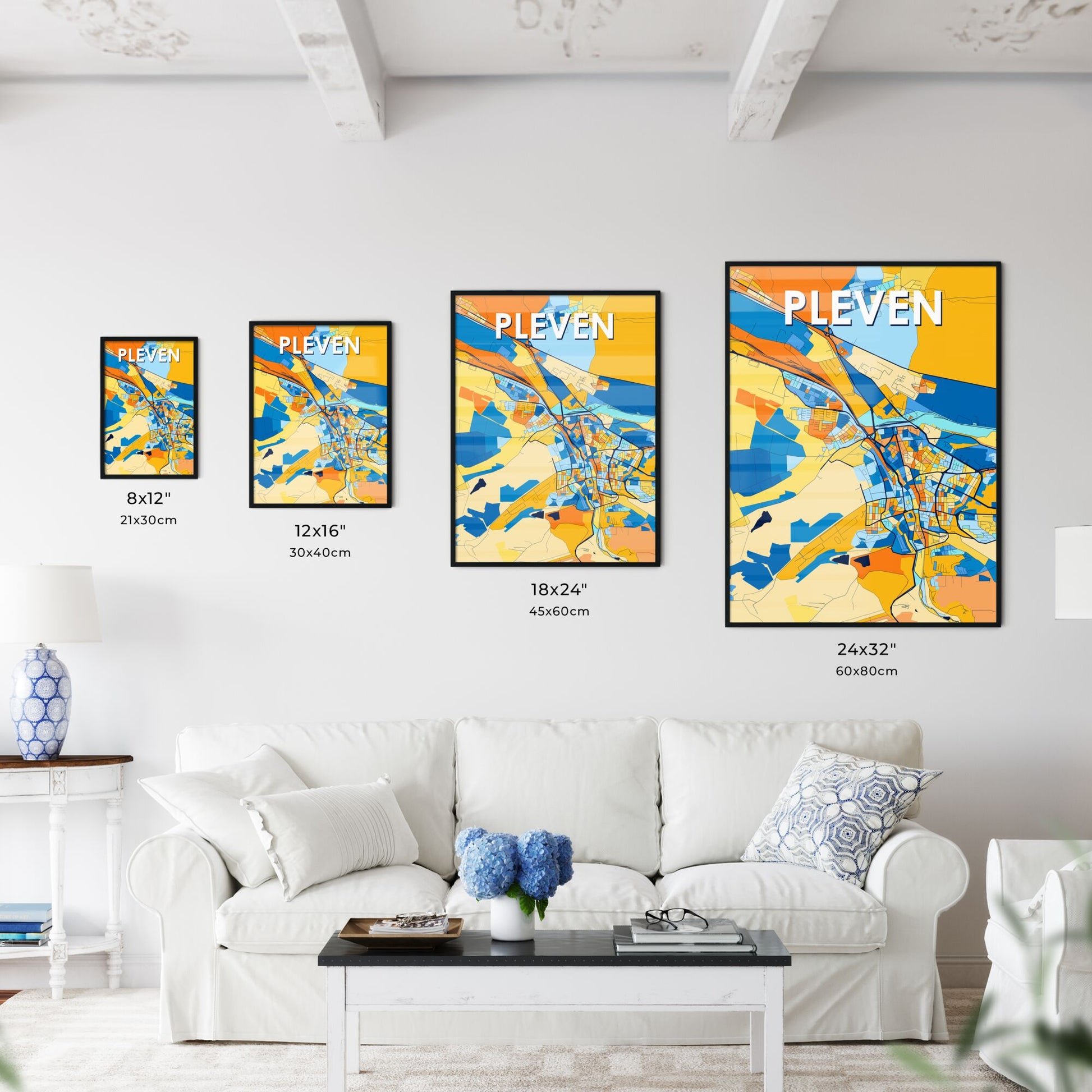 PLEVEN BULGARIA Vibrant Colorful Art Map Poster Blue Orange