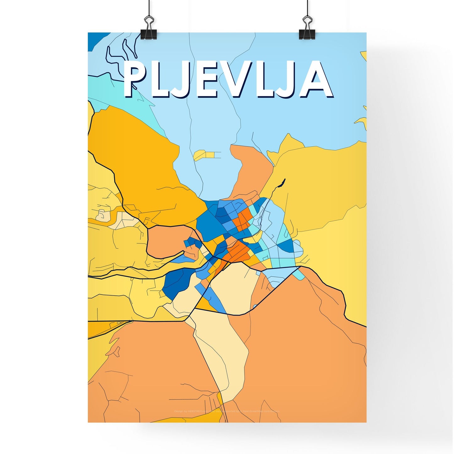 PLJEVLJA MONTENEGRO Vibrant Colorful Art Map Poster Blue Orange