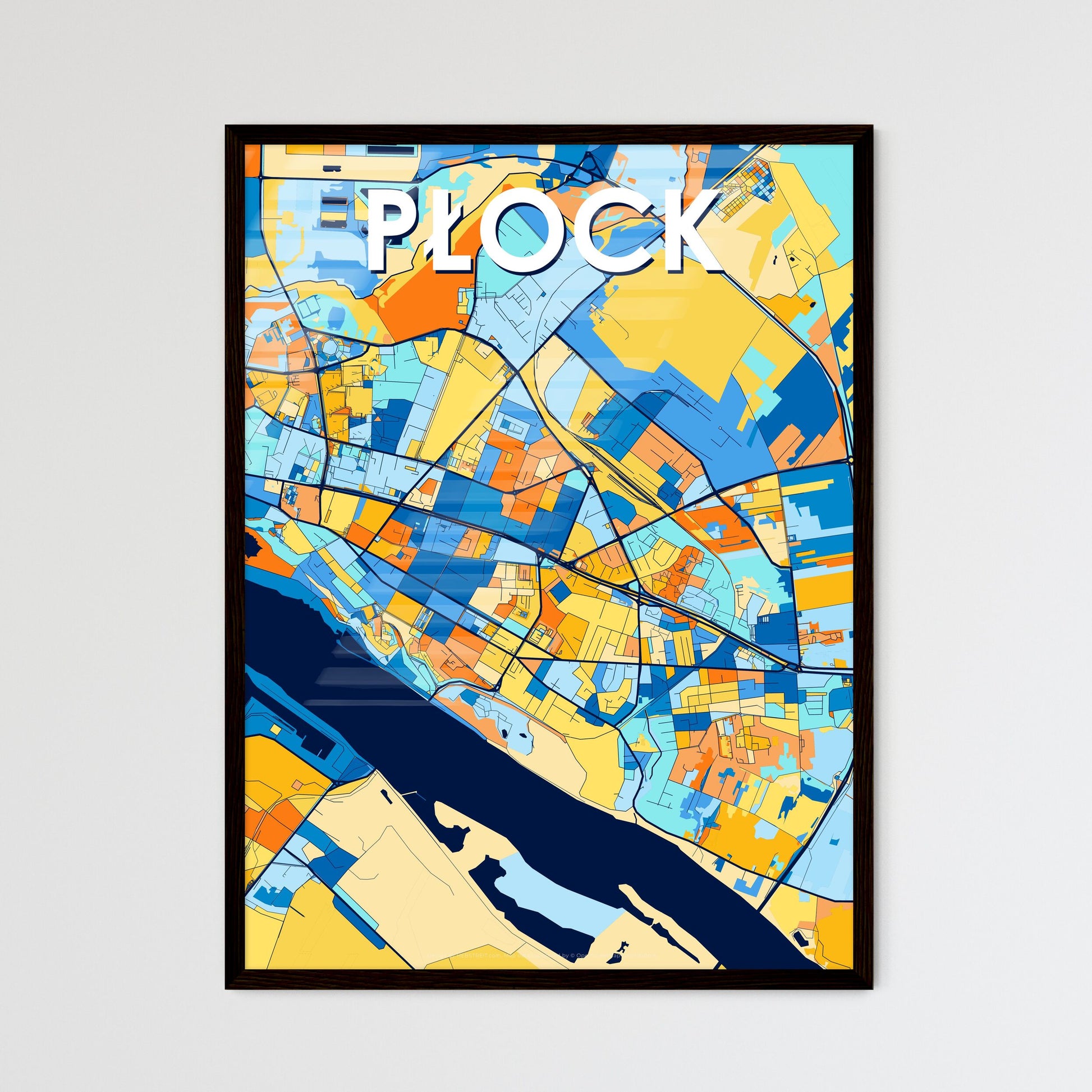 PŁOCK POLAND Vibrant Colorful Art Map Poster Blue Orange