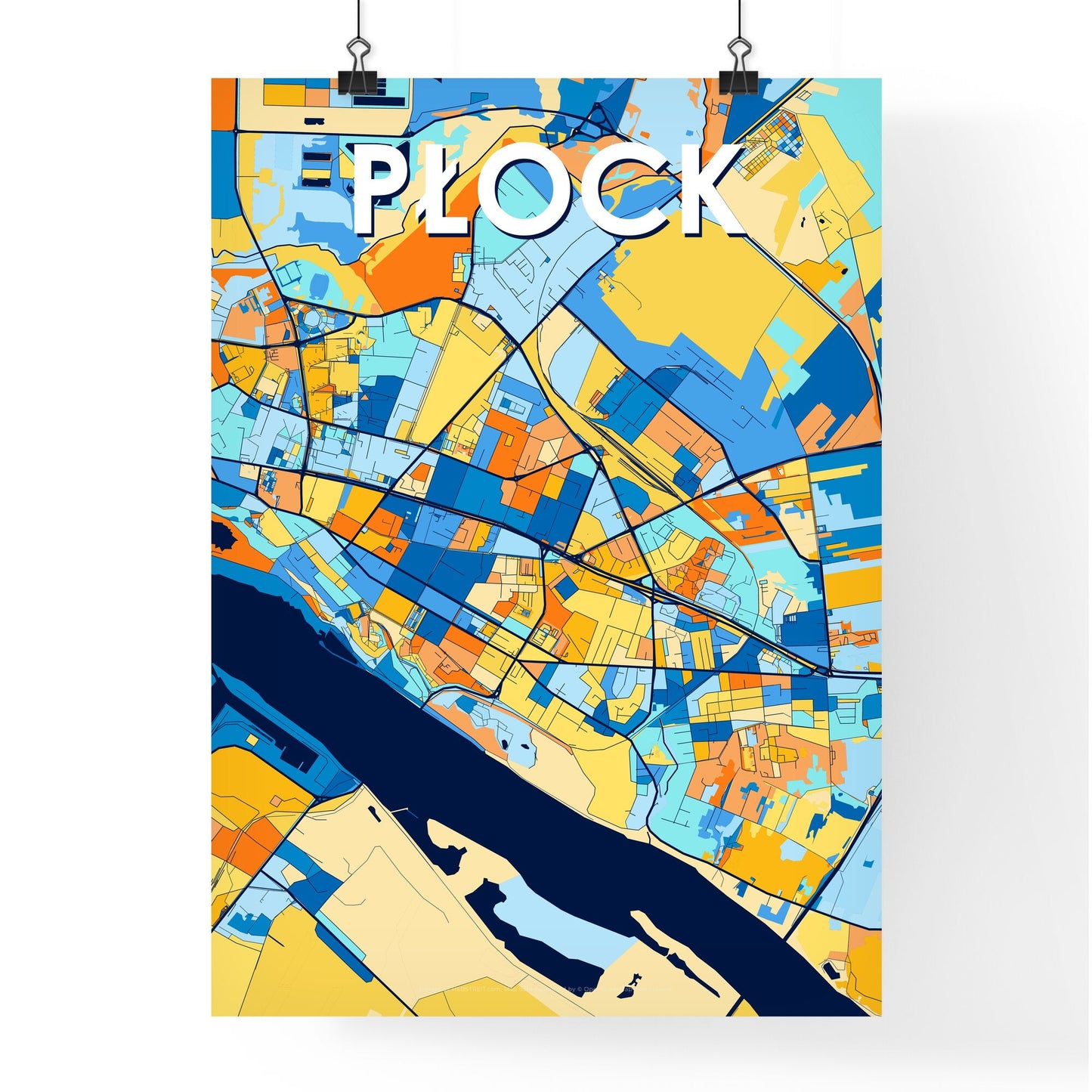 PŁOCK POLAND Vibrant Colorful Art Map Poster Blue Orange