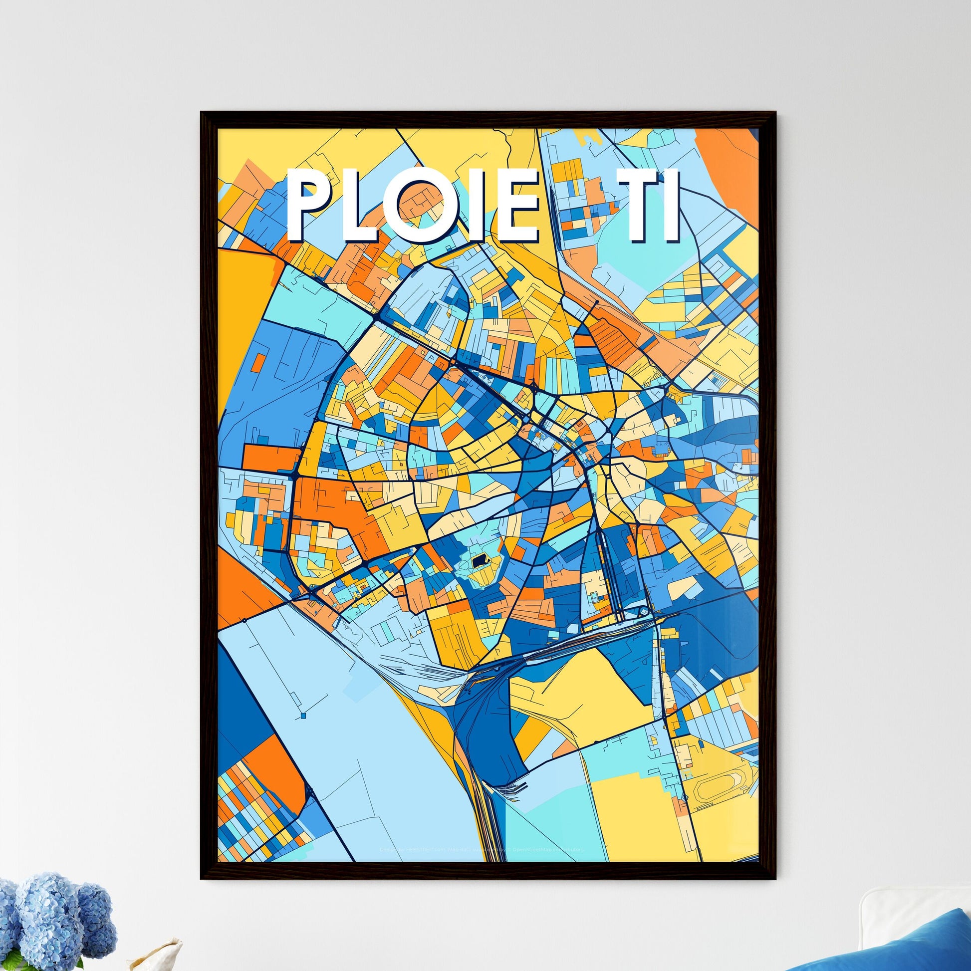 PLOIEȘTI ROMANIA Vibrant Colorful Art Map Poster Blue Orange