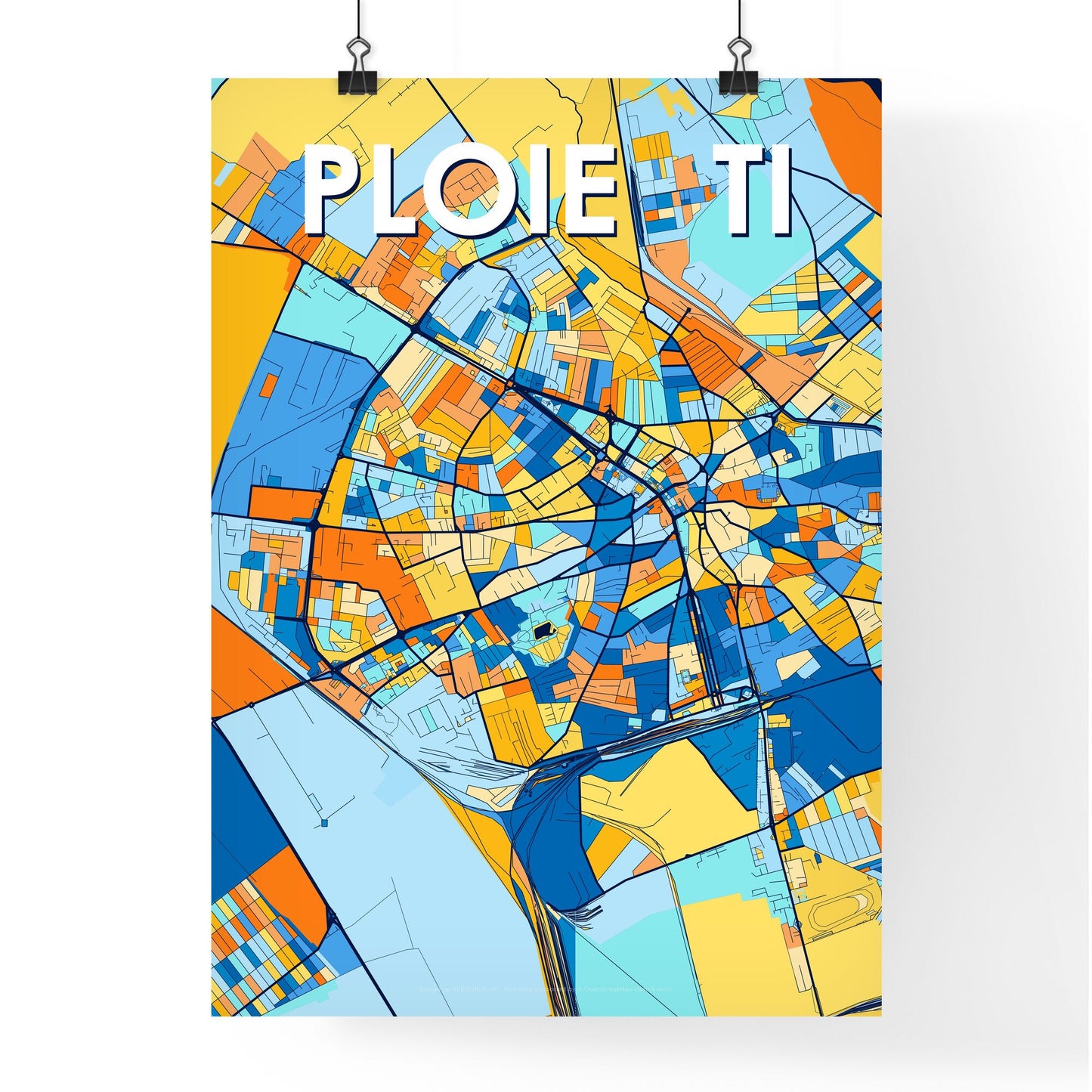 PLOIEȘTI ROMANIA Vibrant Colorful Art Map Poster Blue Orange