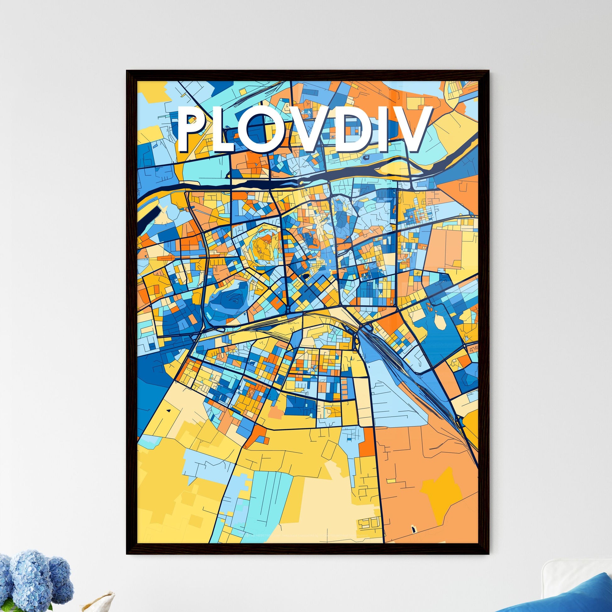 PLOVDIV BULGARIA Vibrant Colorful Art Map Poster Blue Orange