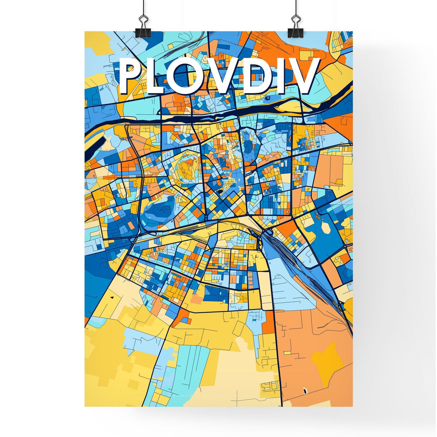 PLOVDIV BULGARIA Vibrant Colorful Art Map Poster Blue Orange