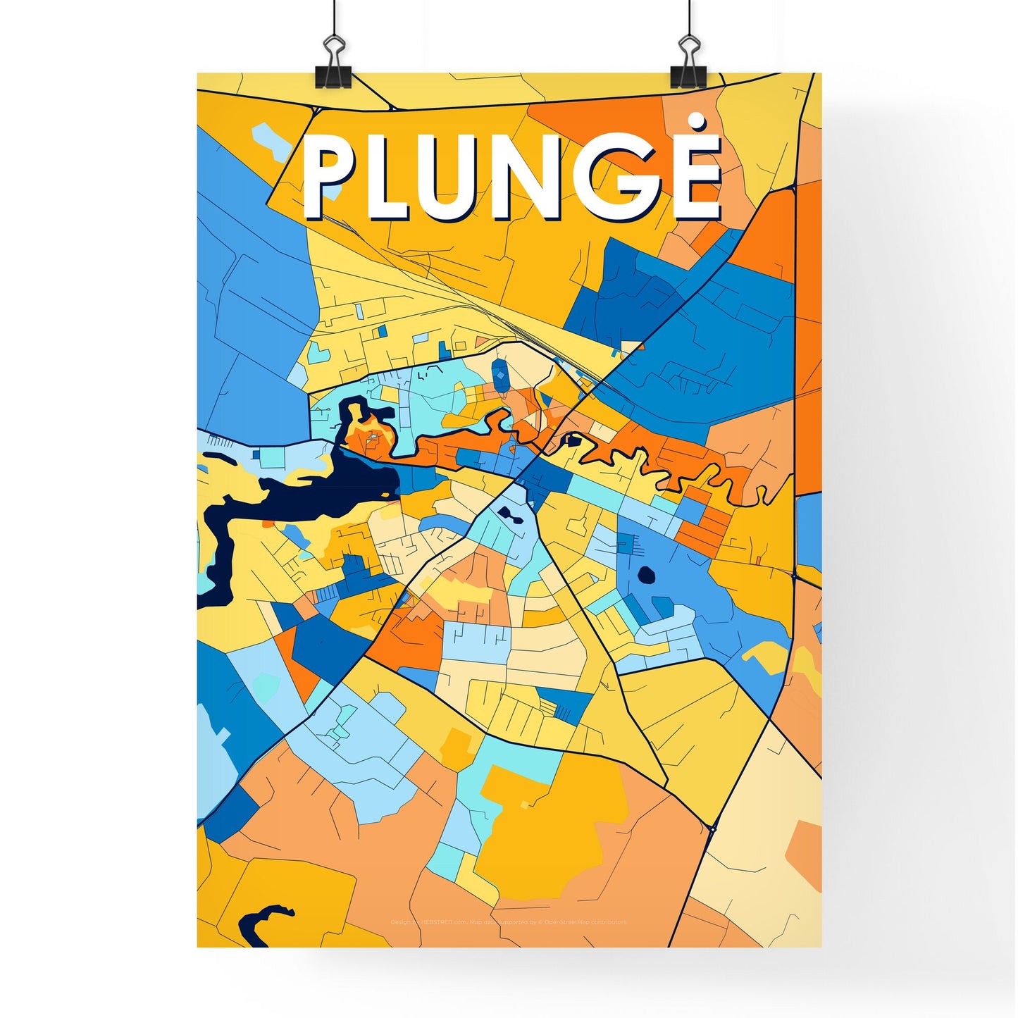 PLUNGĖ LITHUANIA Vibrant Colorful Art Map Poster Blue Orange