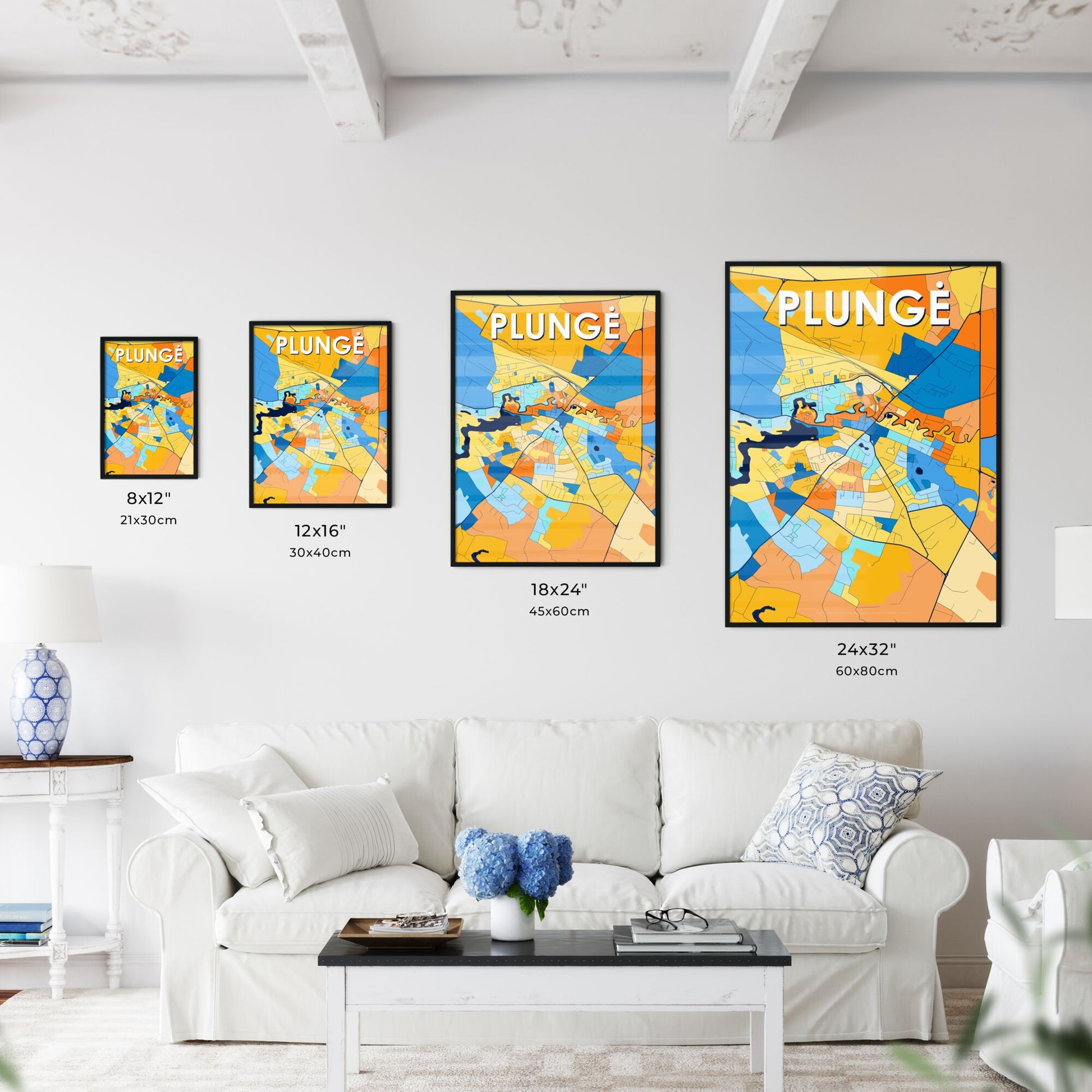 PLUNGĖ LITHUANIA Vibrant Colorful Art Map Poster Blue Orange