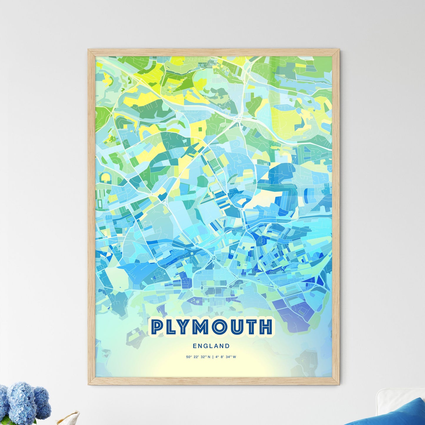 Colorful Plymouth England Fine Art Map Cool Blue