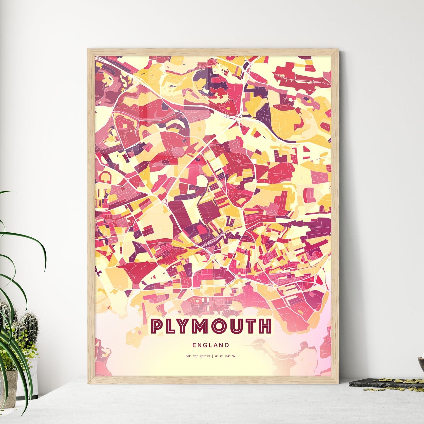 Colorful Plymouth England Fine Art Map Hot Red
